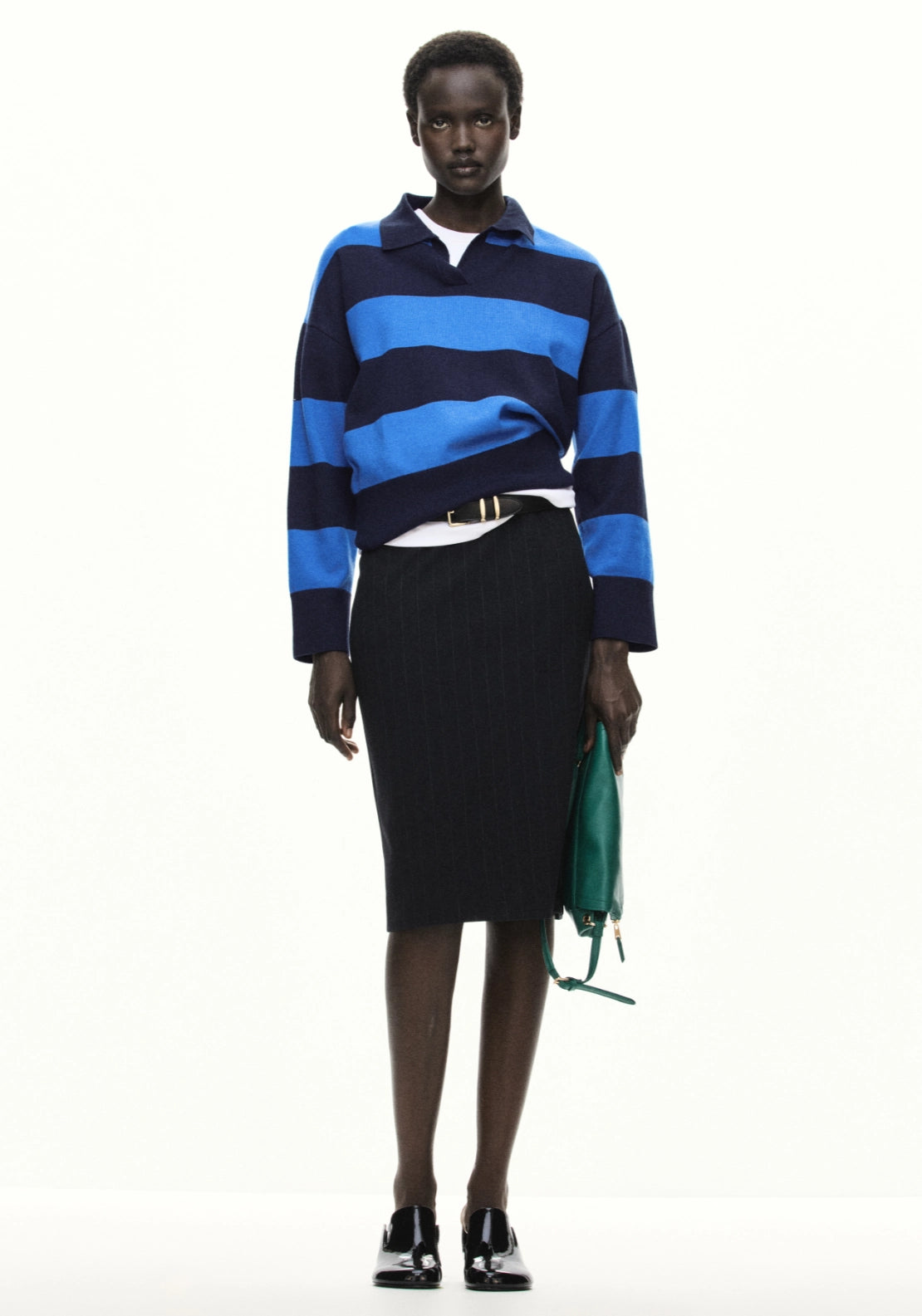 Striped Sporty Polo Neck Sweater - Blue
