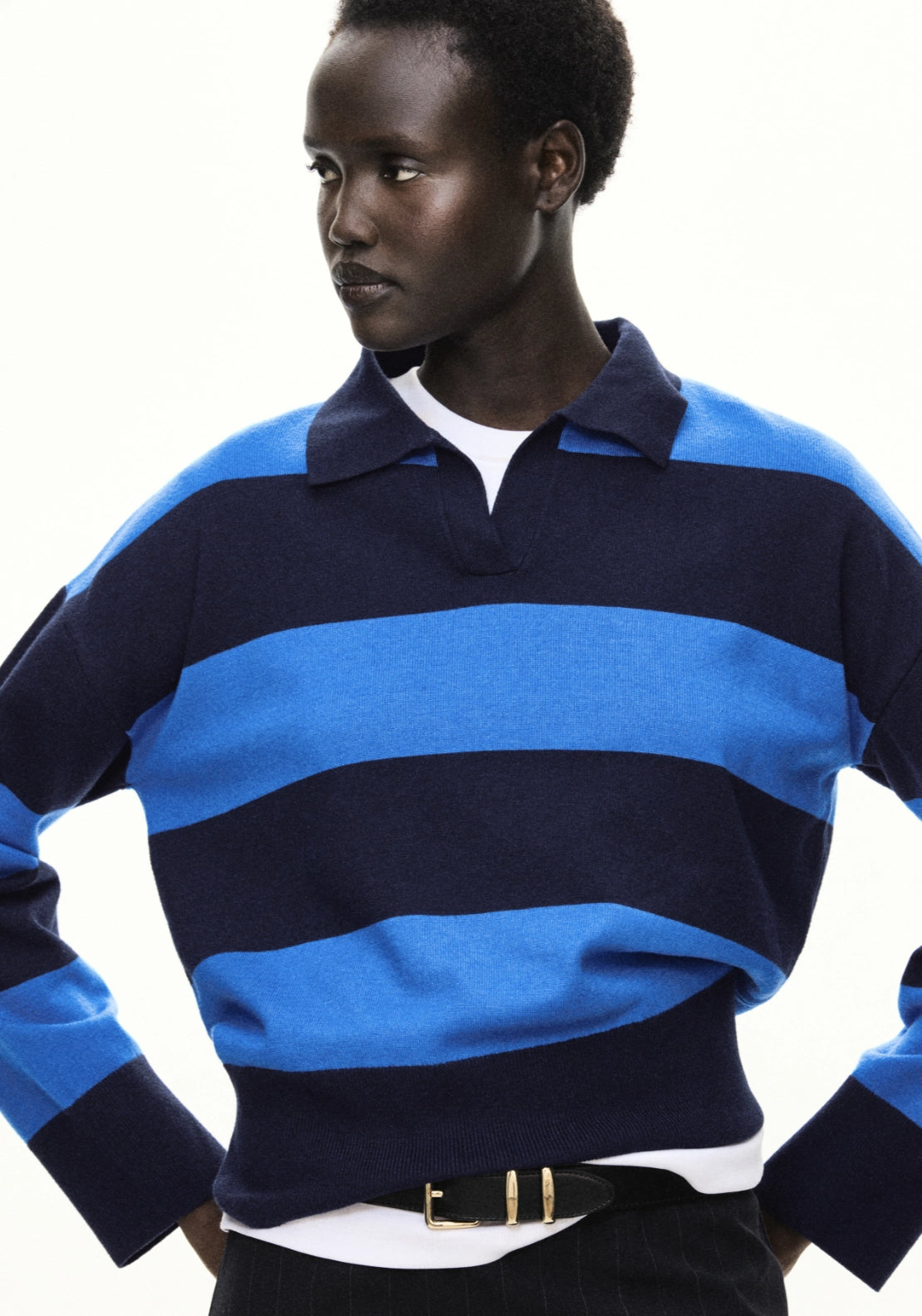 Striped Sporty Polo Neck Sweater - Blue
