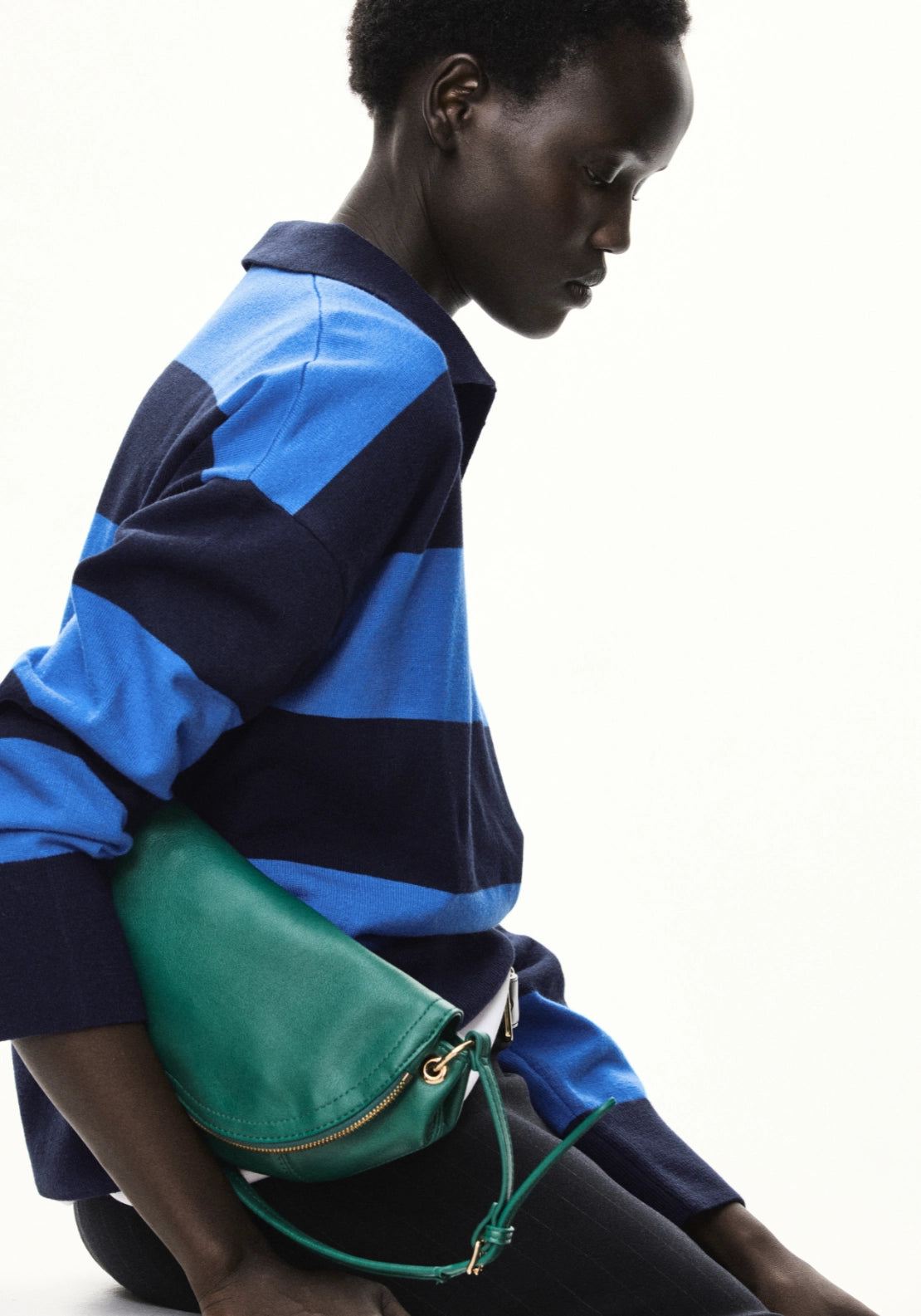 Striped Sporty Polo Neck Sweater - Blue