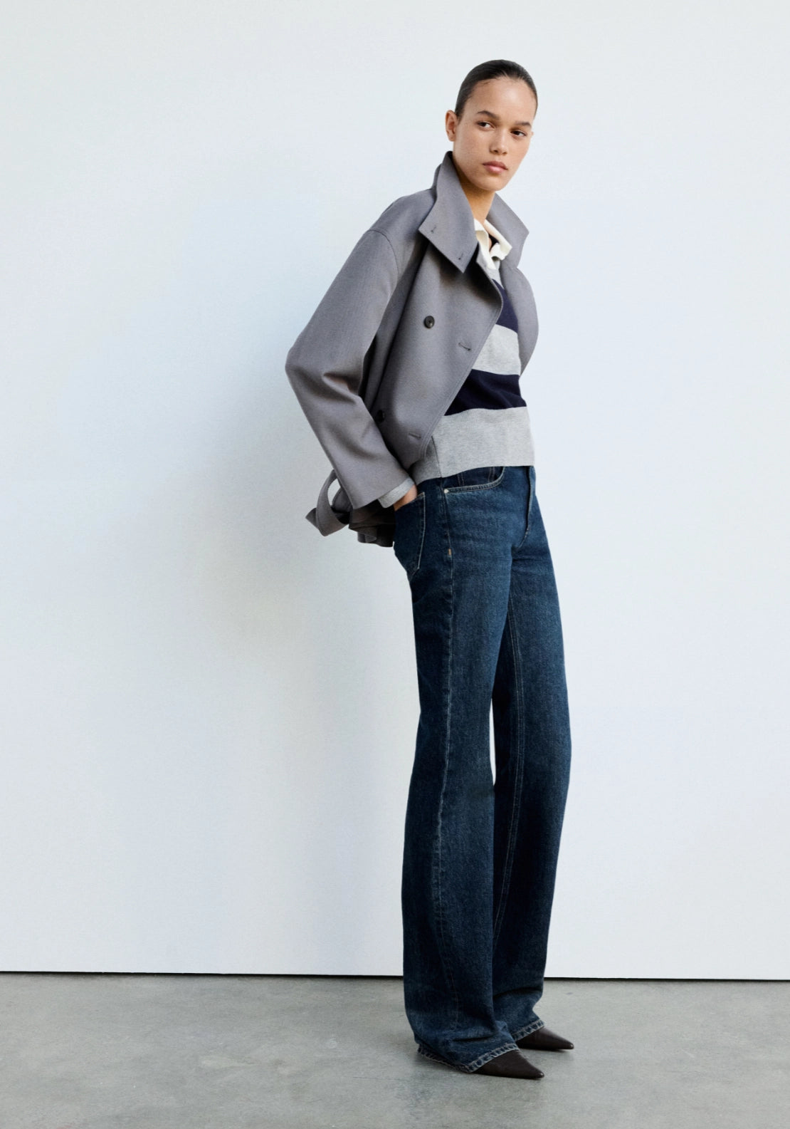 Striped Polo-Neck Sweater - Grey