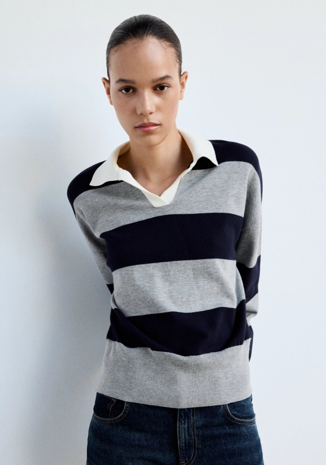 Striped Polo-Neck Sweater - Grey