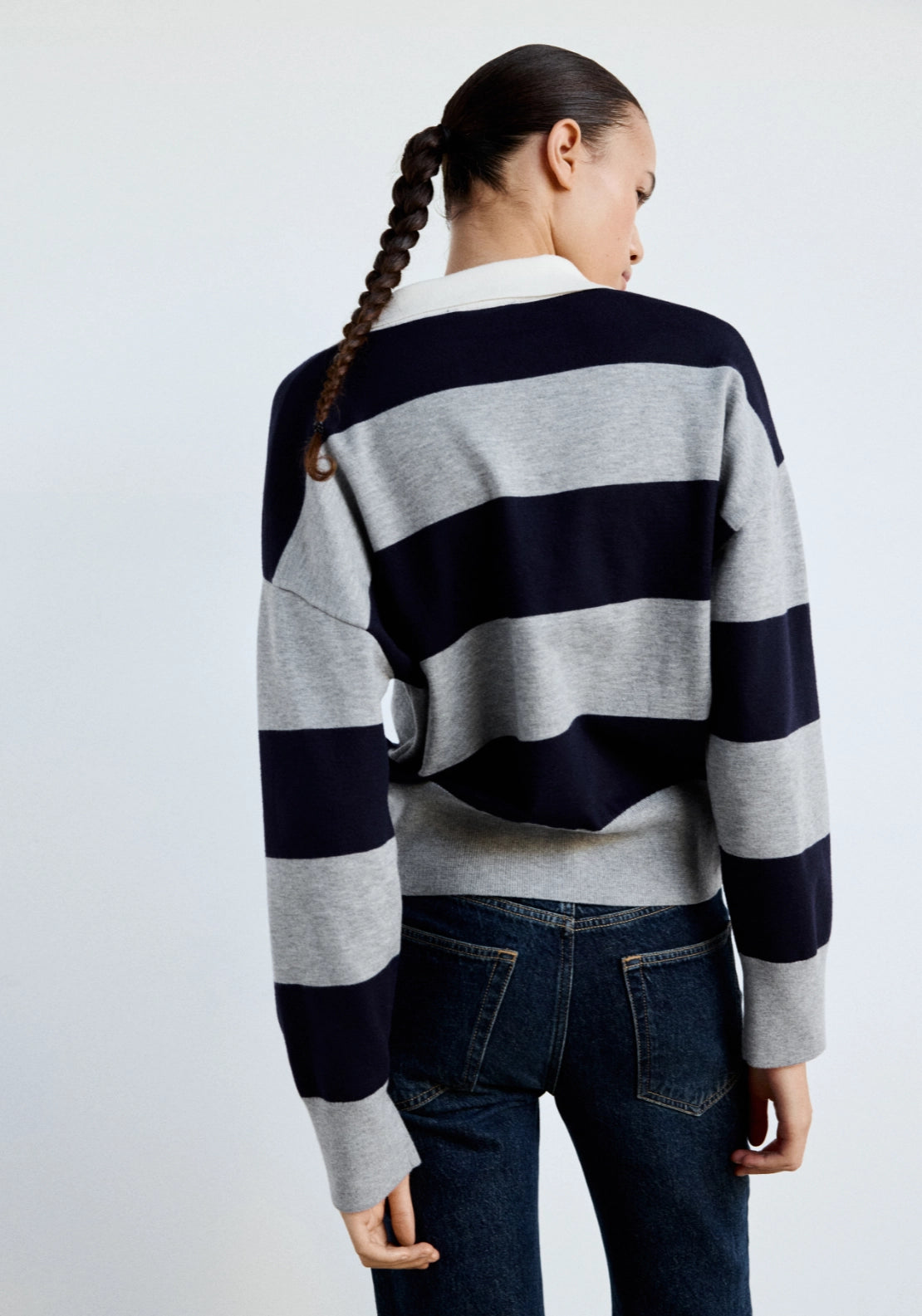 Striped Polo-Neck Sweater - Grey