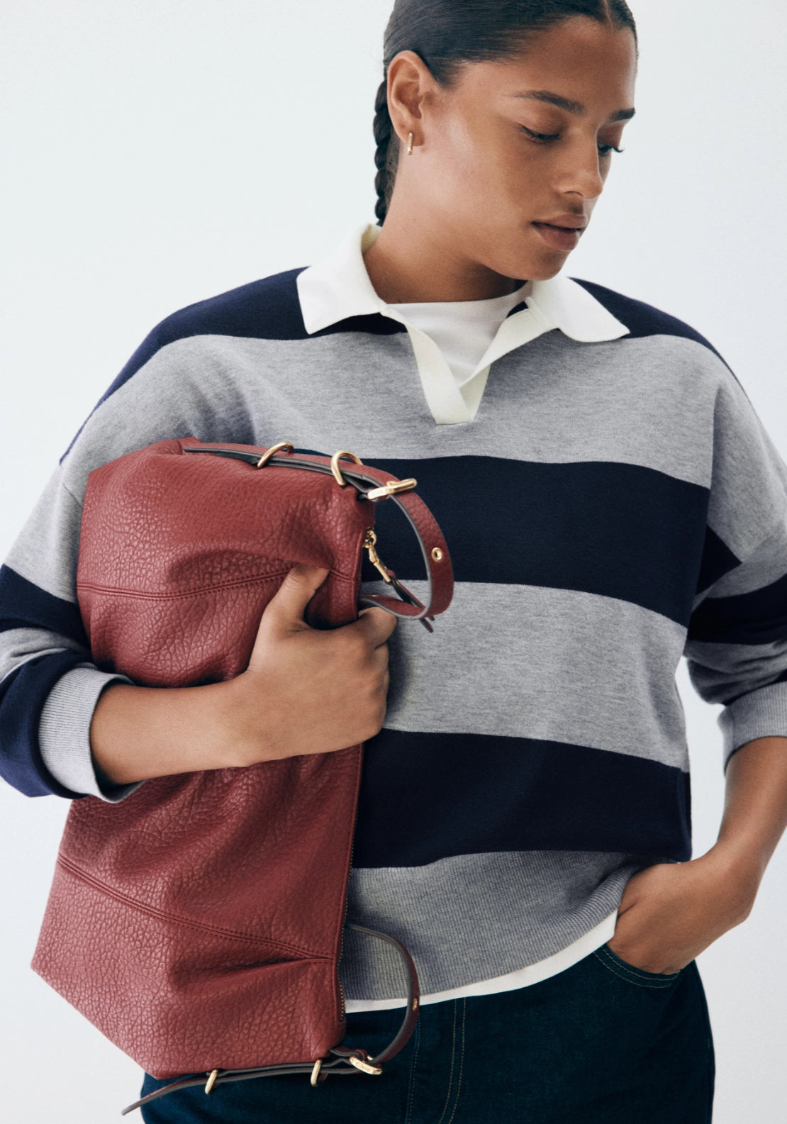 Striped Polo-Neck Sweater - Grey