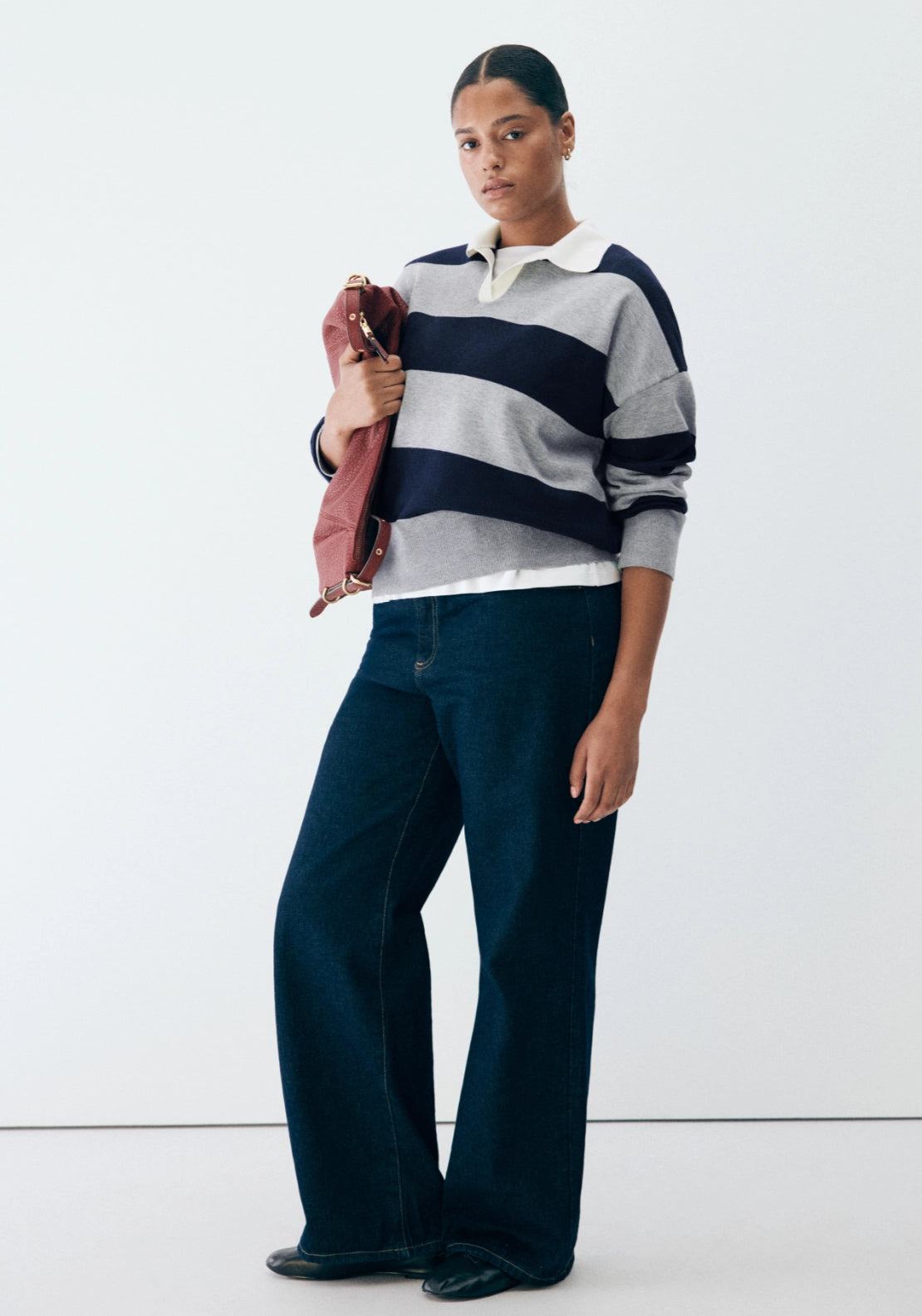 Striped Polo-Neck Sweater - Grey