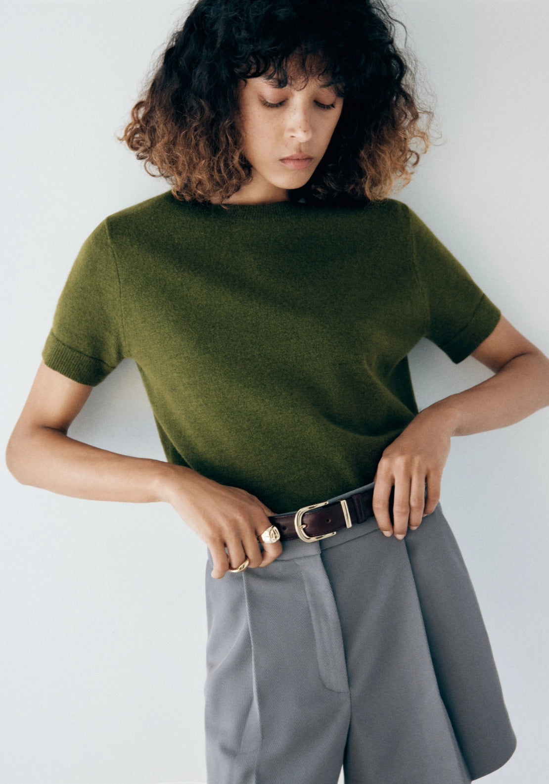 Short Sleeved Knitted Sweater - Green