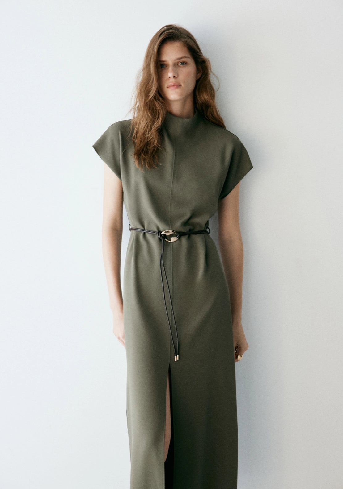High Neck Belted Dress - Brown