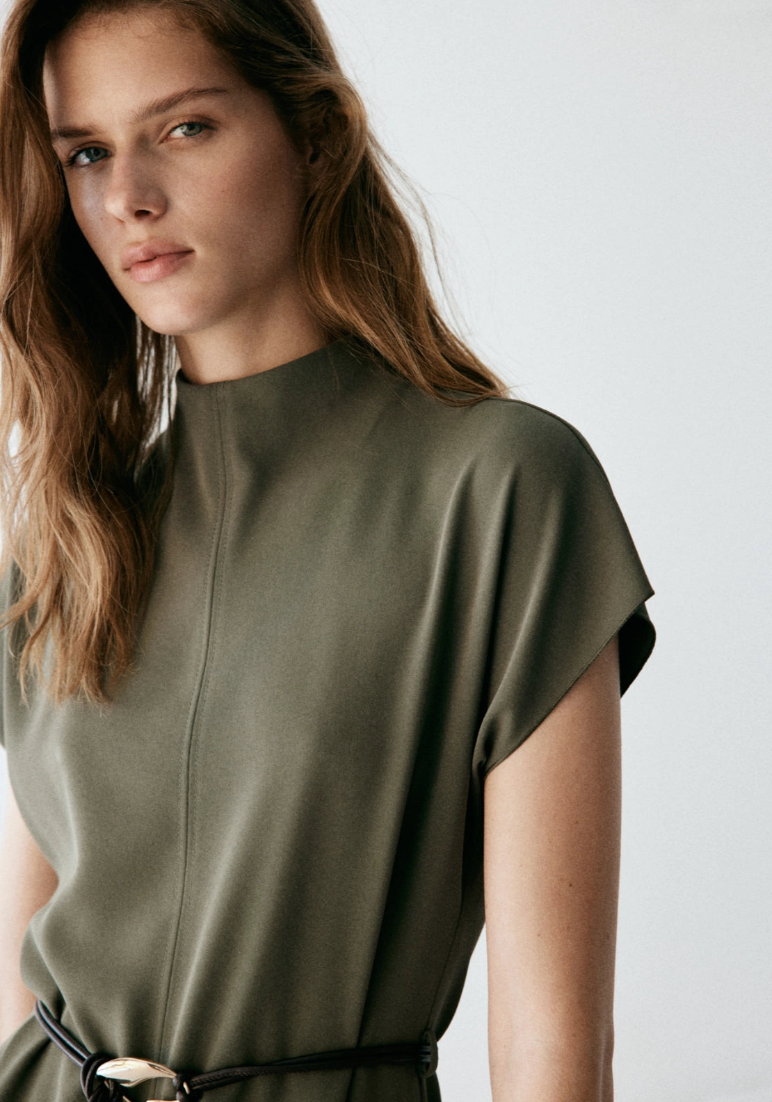 High Neck Belted Dress - Brown