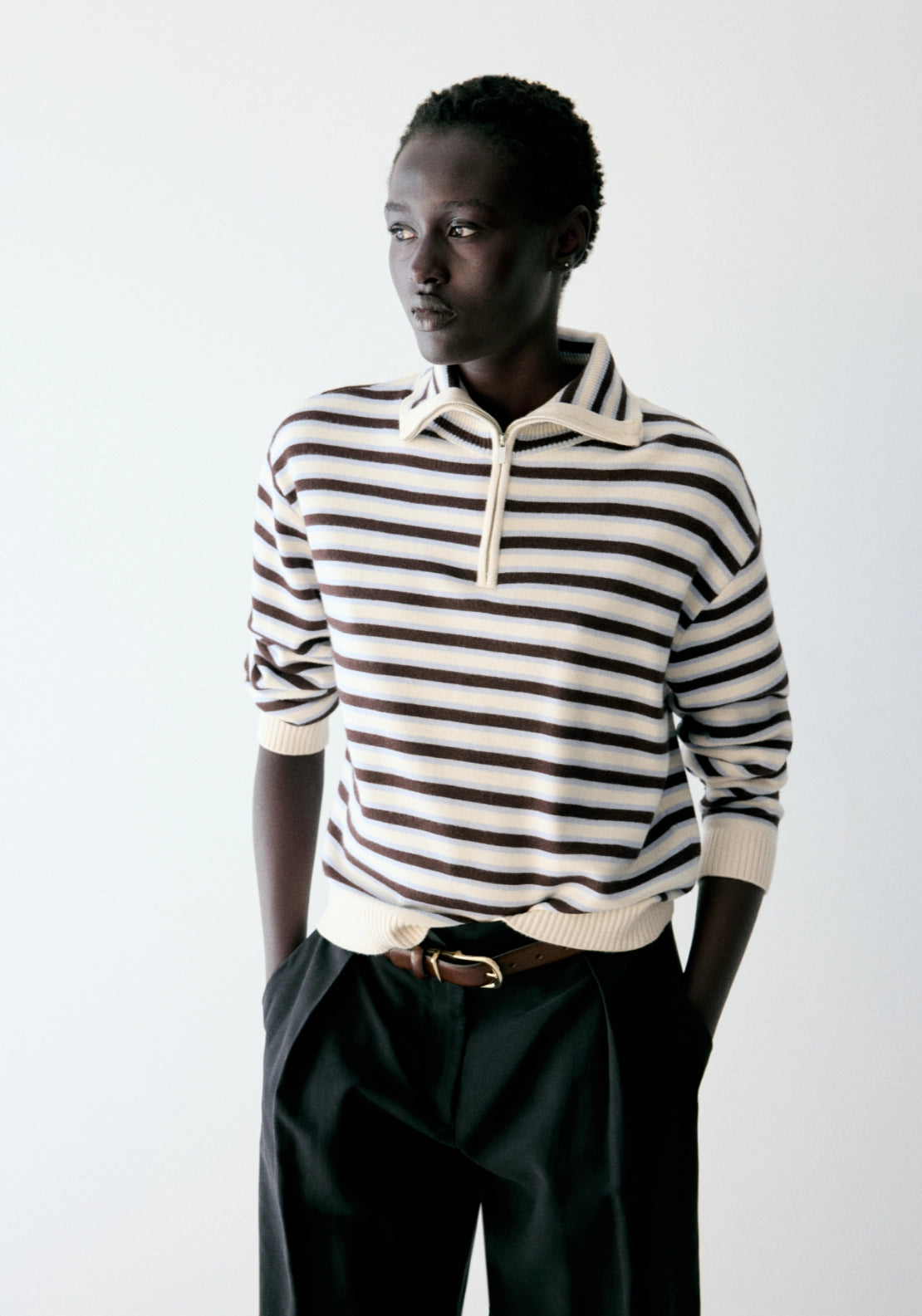 Zip Neck Knit Sweater - Cream/brown