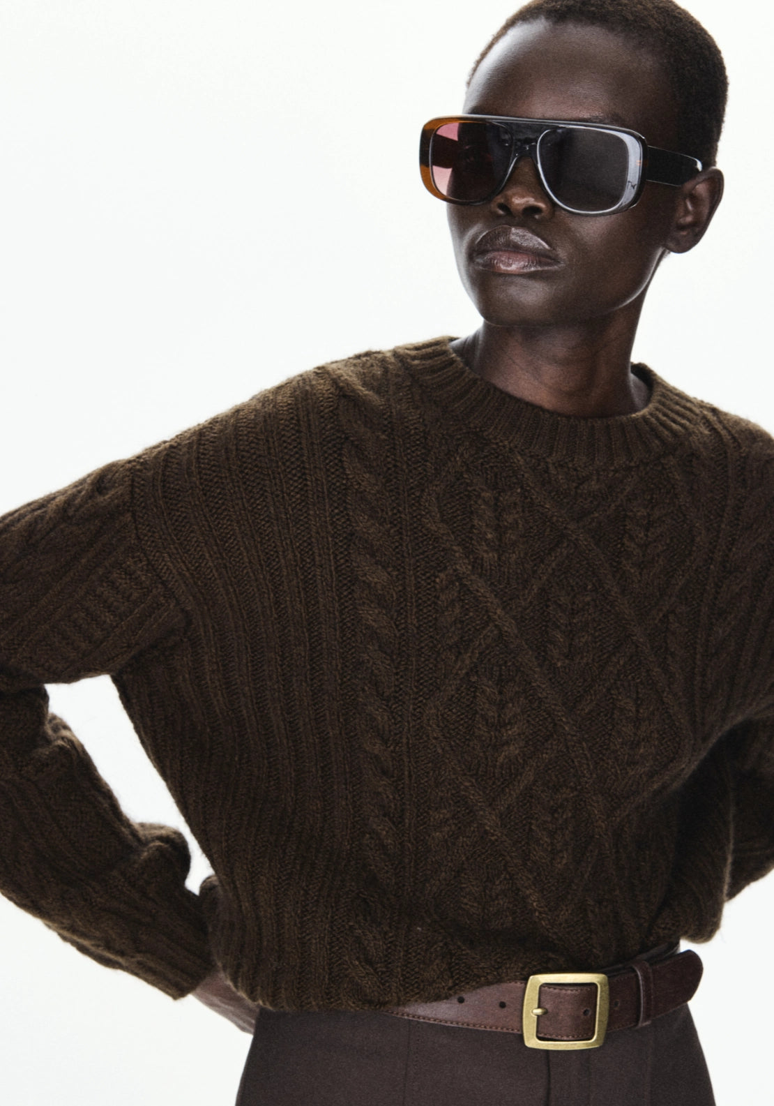 Long Sleeve Cable Sweater - Brown
