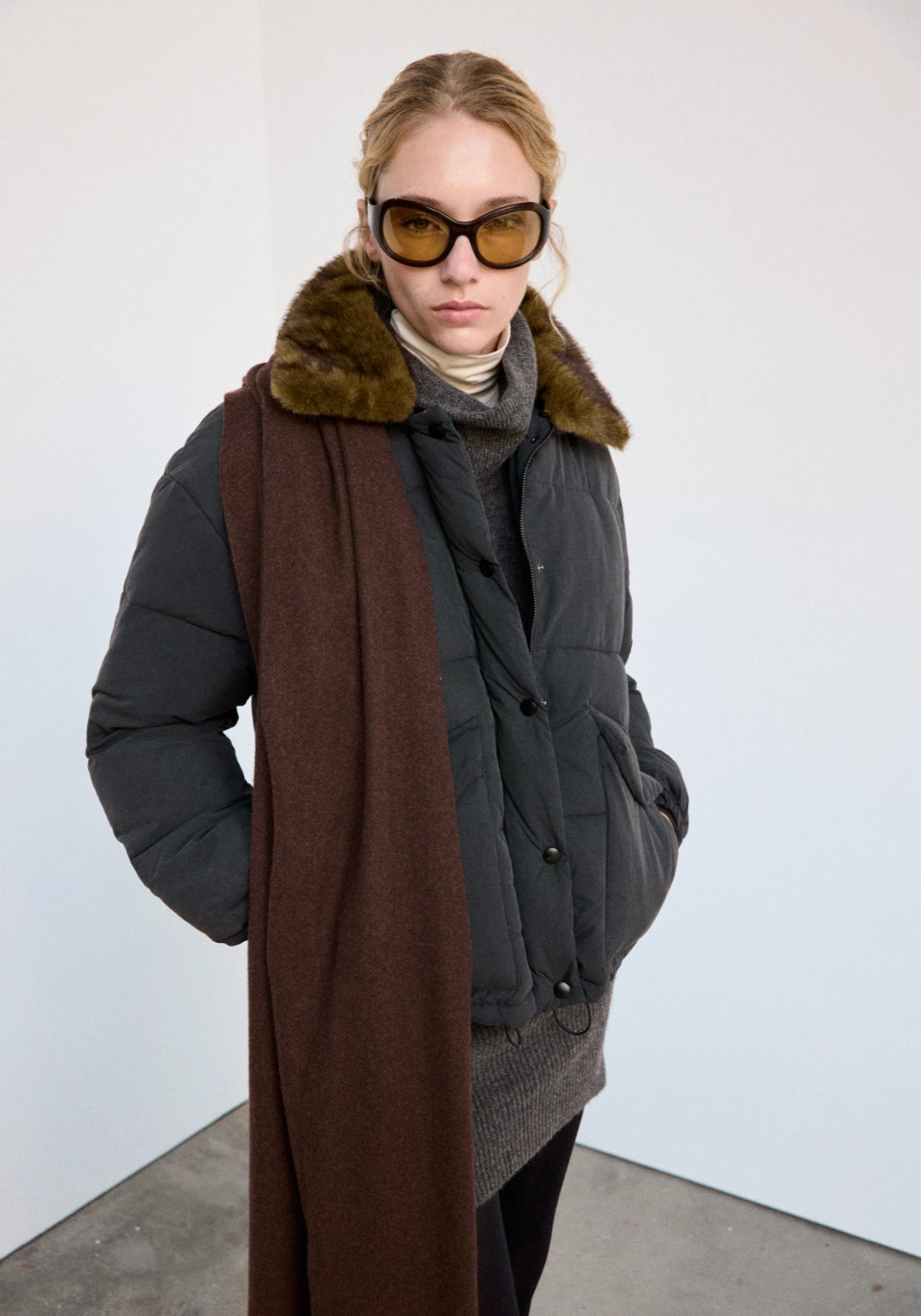 Fur Collar Puffer Jacket - Grey