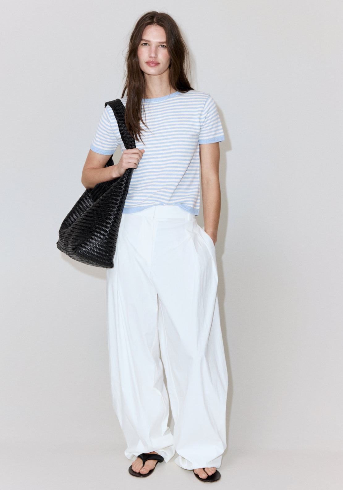 Striped Short Sleeved Sweater - Pastel Blue