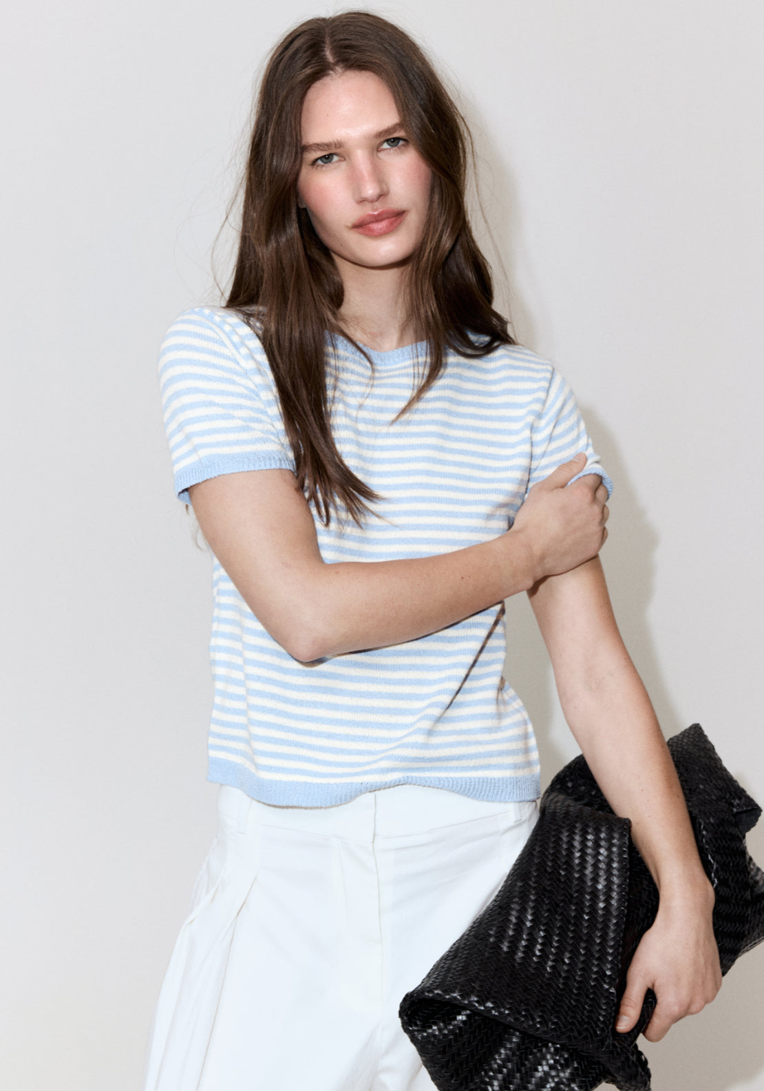 Striped Short Sleeved Sweater - Pastel Blue