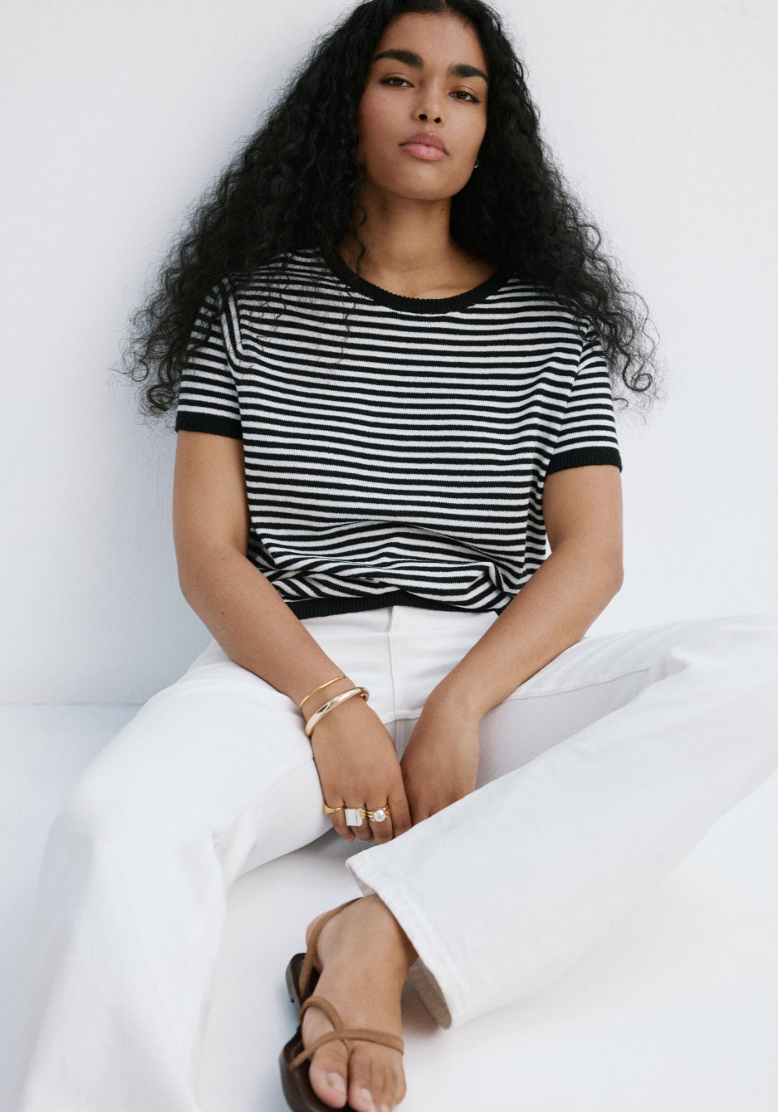 Striped Short Sleeved Sweater - Black