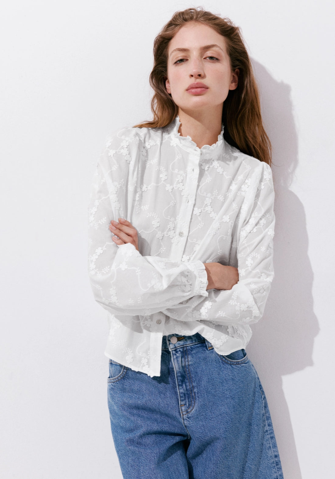 100% Cotton Blouse With Floral Embroidery - White