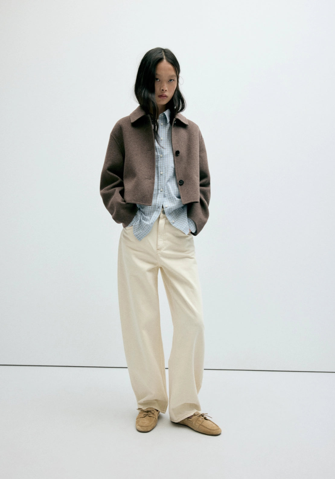 Wool Blend Lapel Jacket - Brown