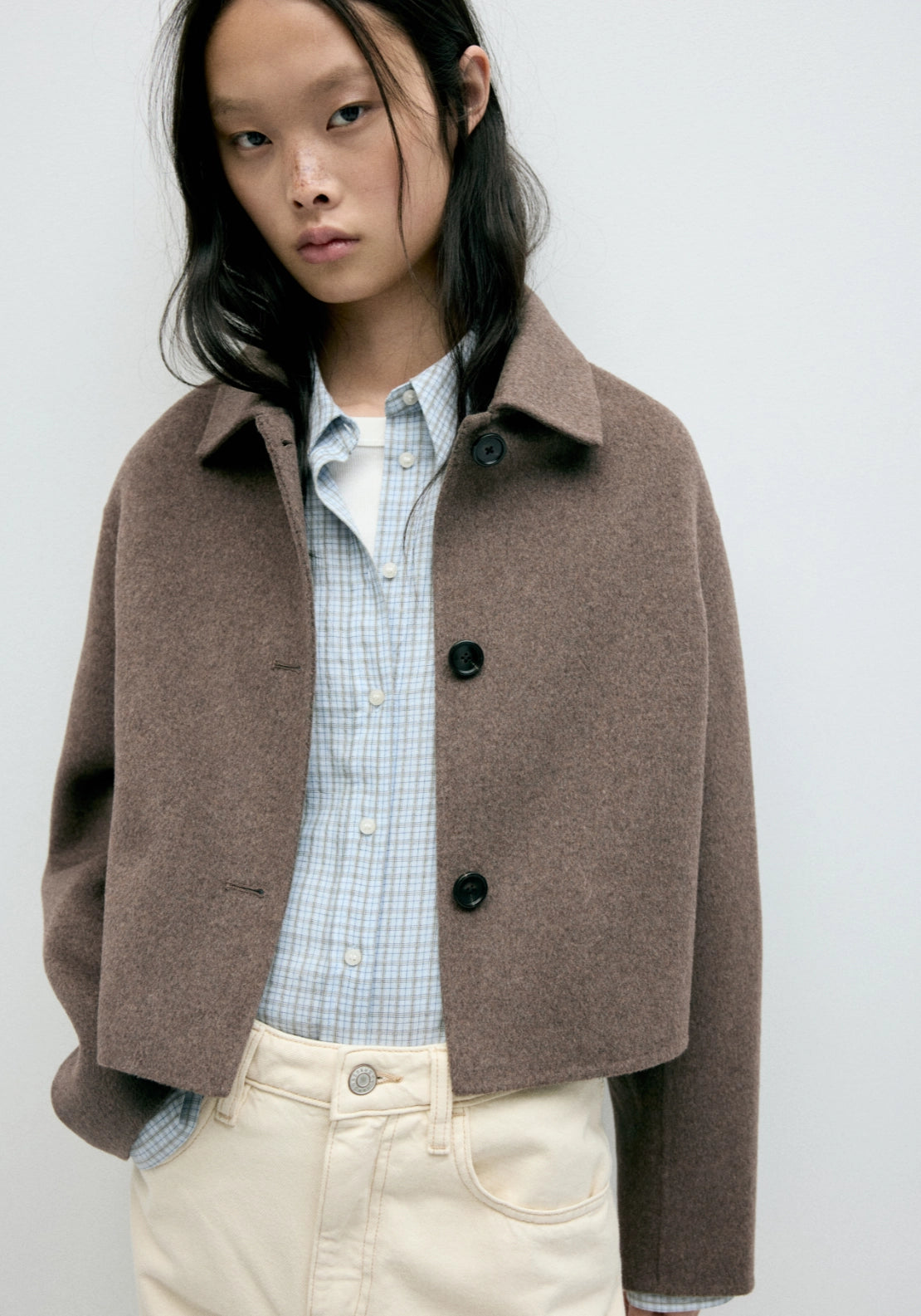 Wool Blend Lapel Jacket - Brown