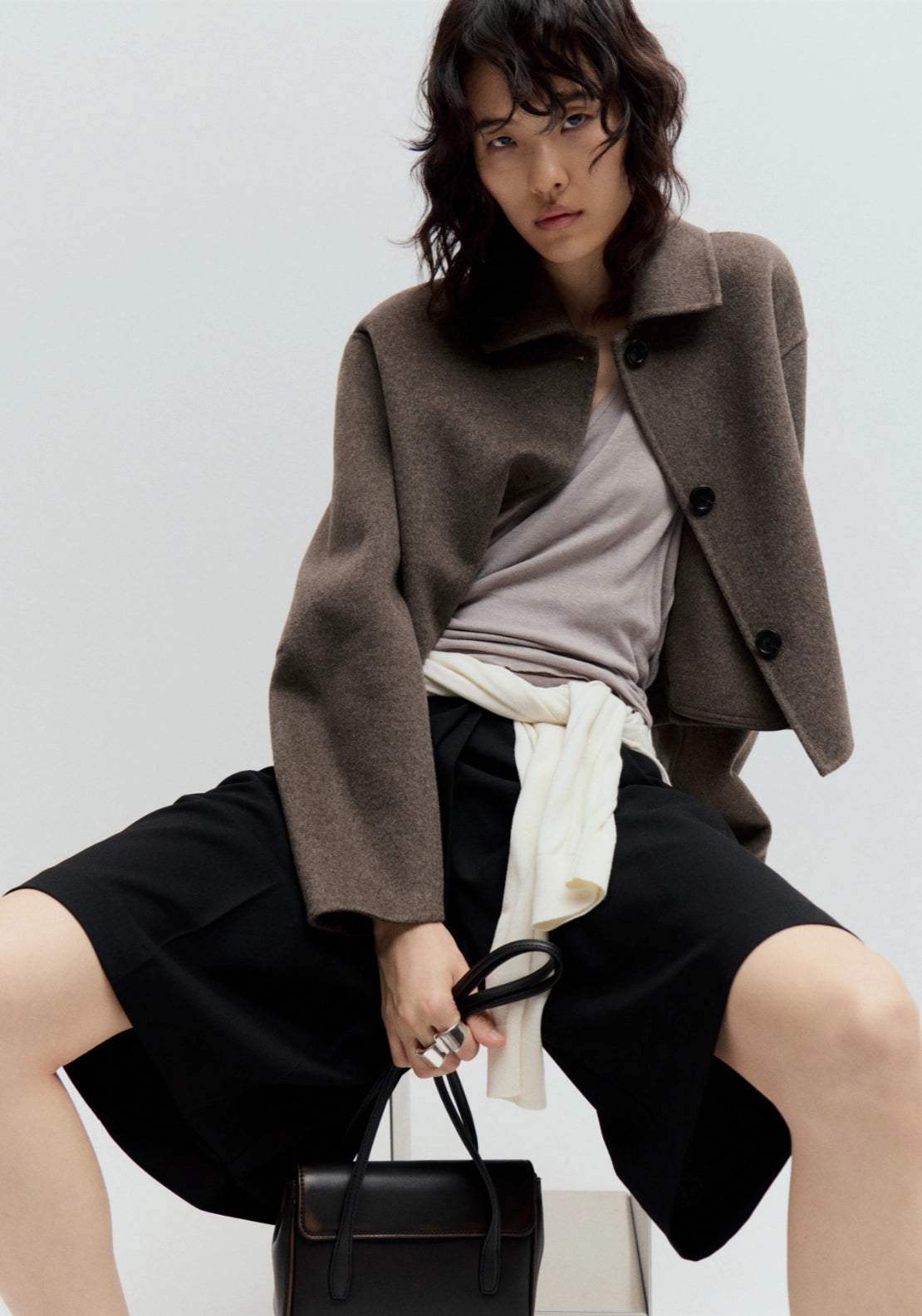 Wool Blend Lapel Jacket - Brown