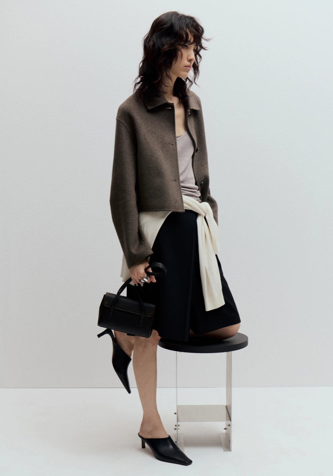 Wool Blend Lapel Jacket - Brown