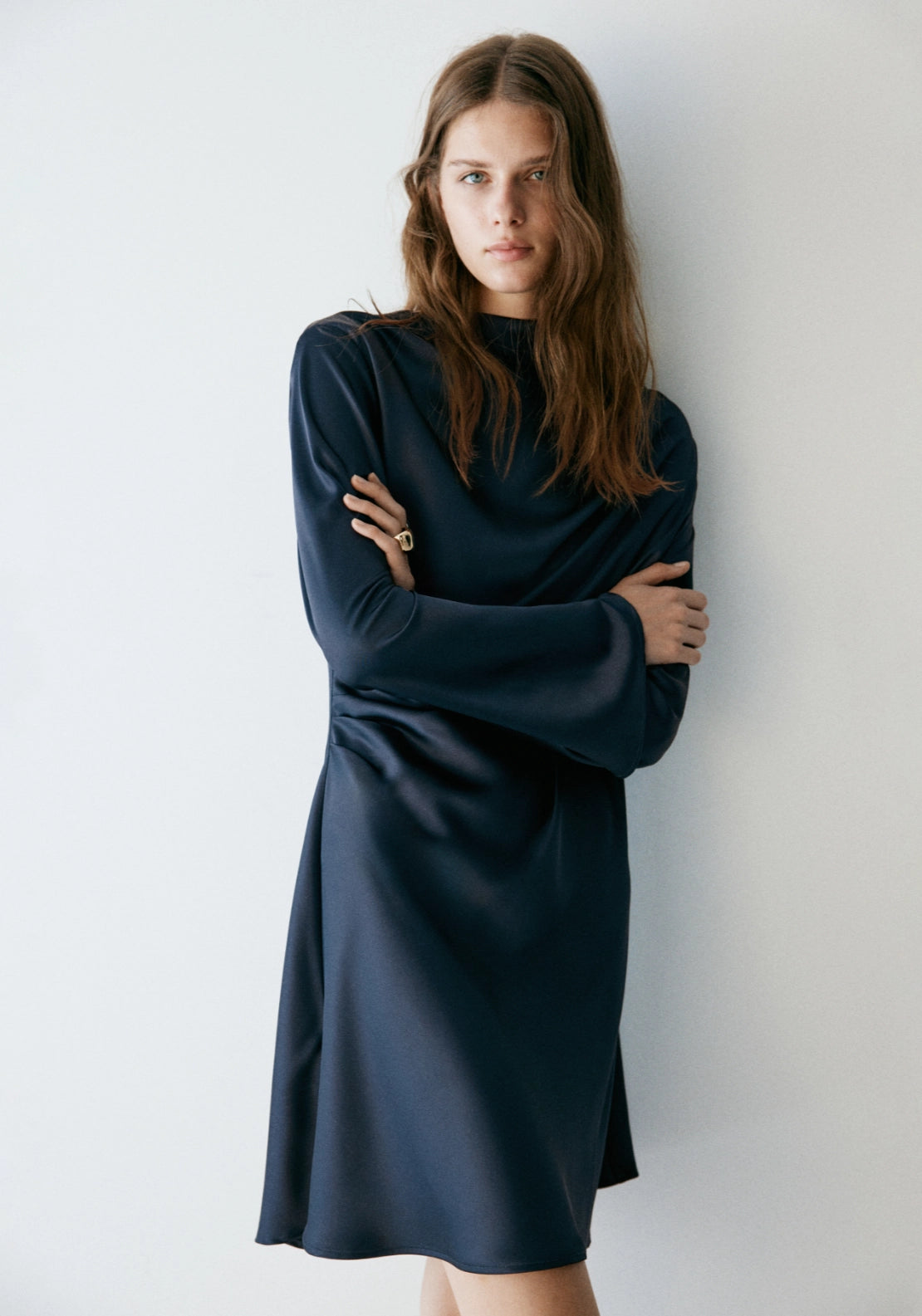 Satin Mini Dress With Flared Sleeves - Blue