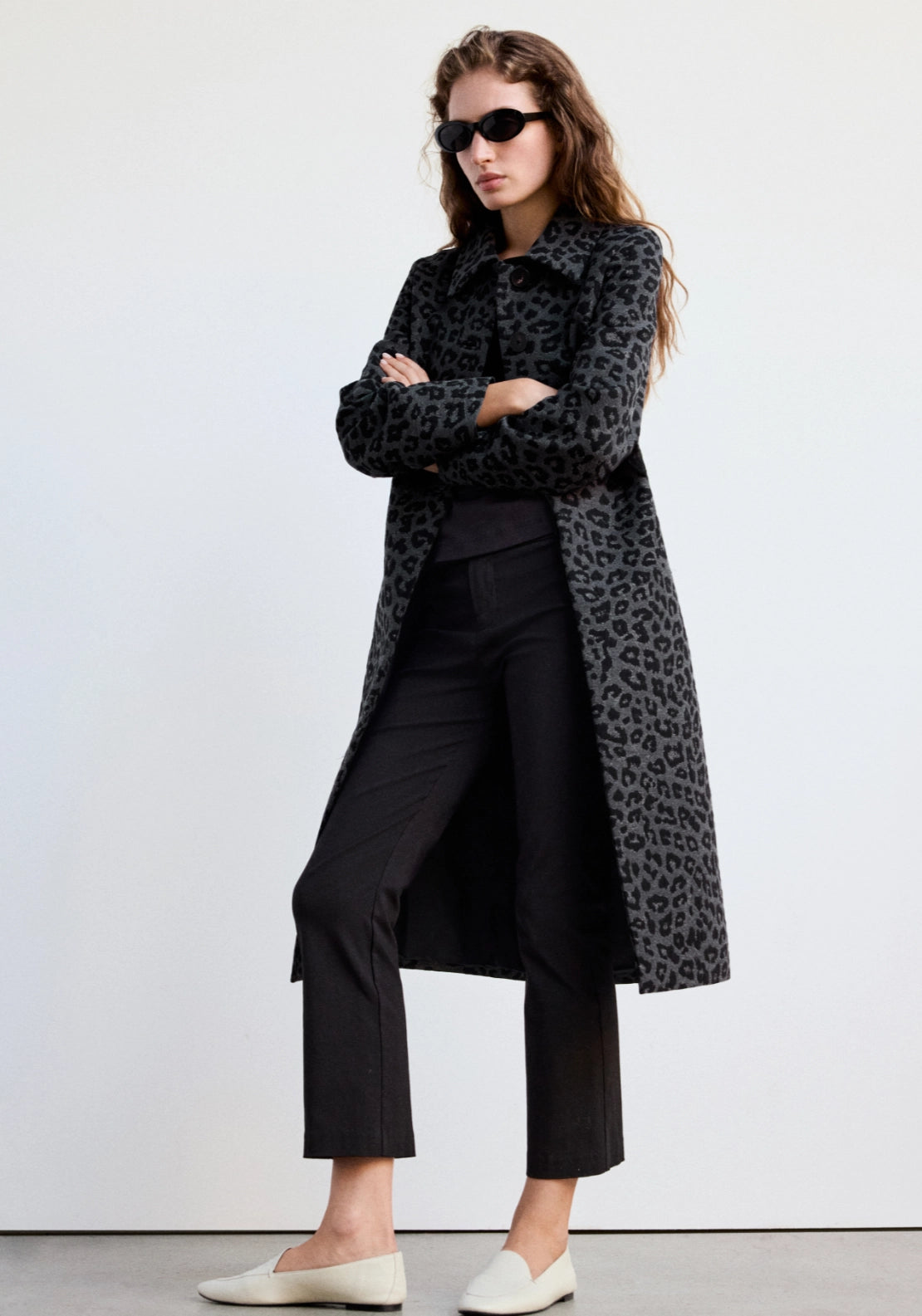 Animal Print Coat With Collar - Grey