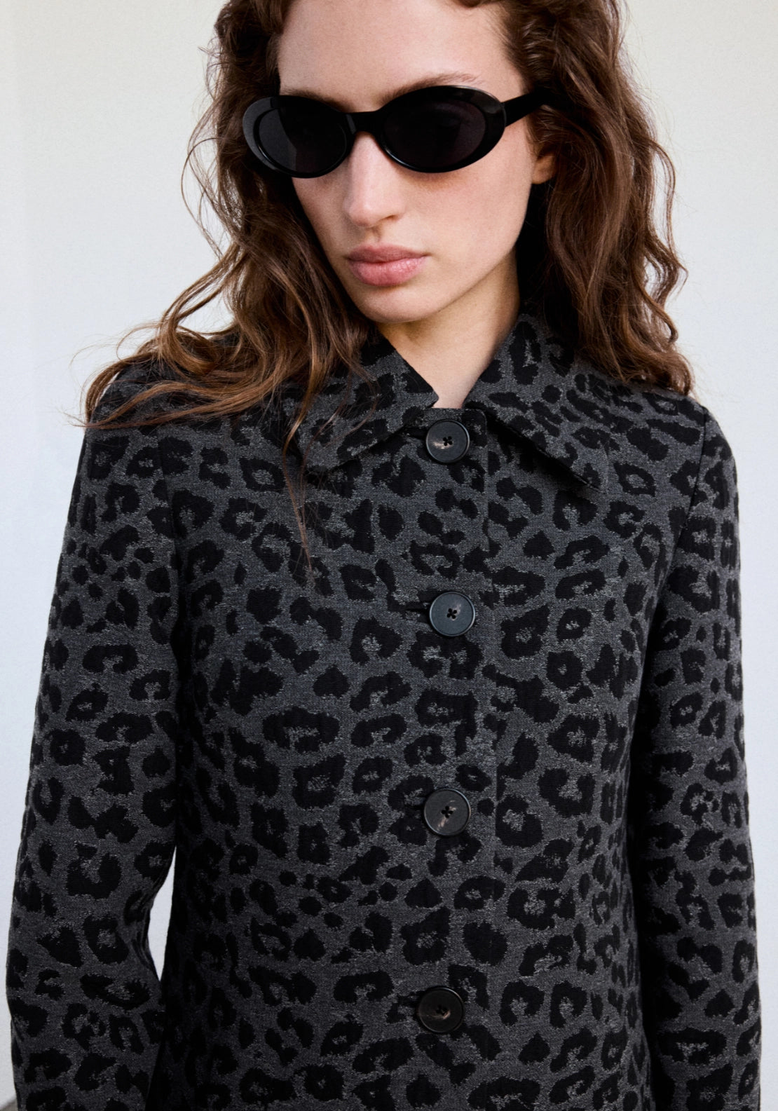 Animal Print Coat With Collar - Grey