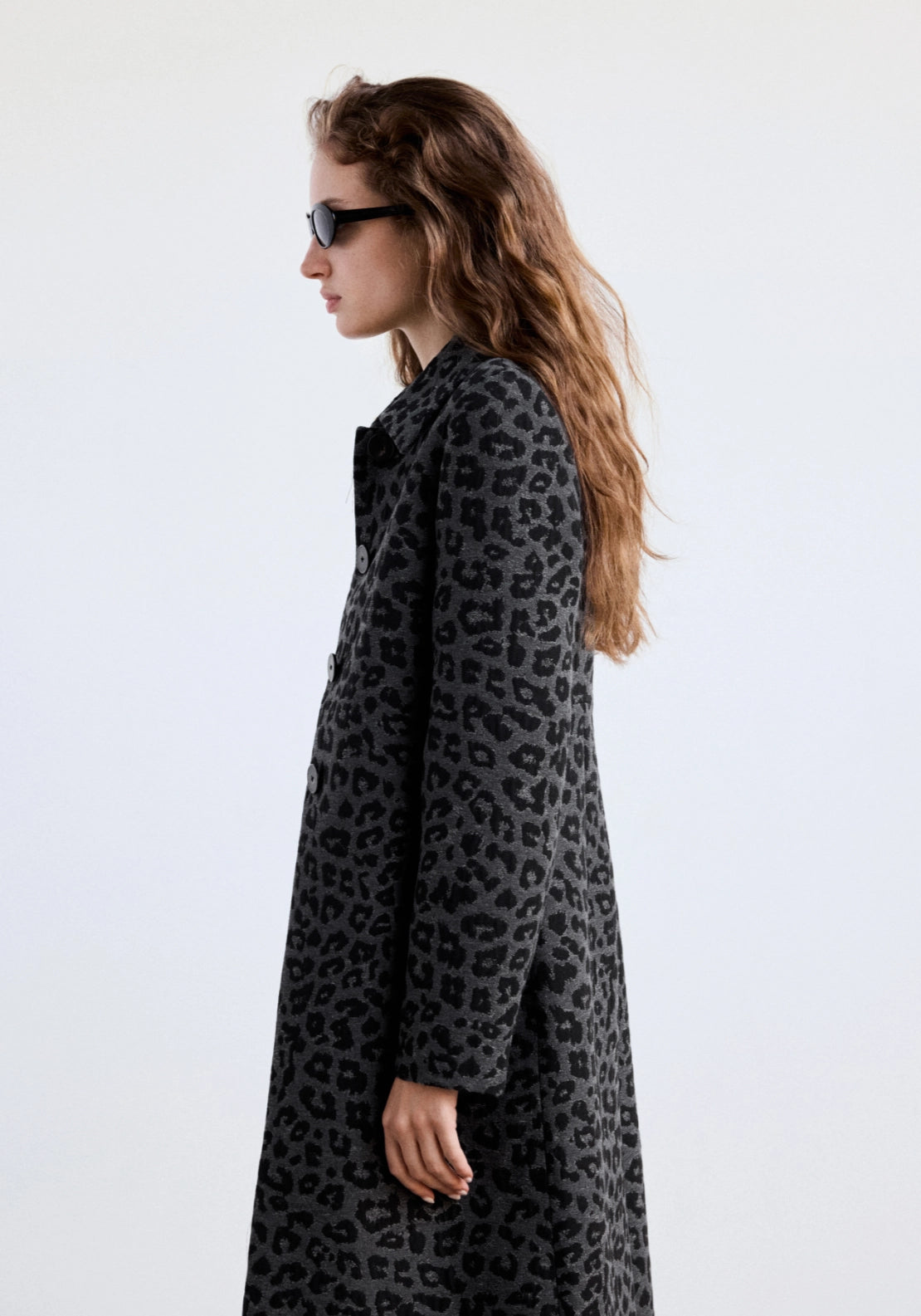 Animal Print Coat With Collar - Grey