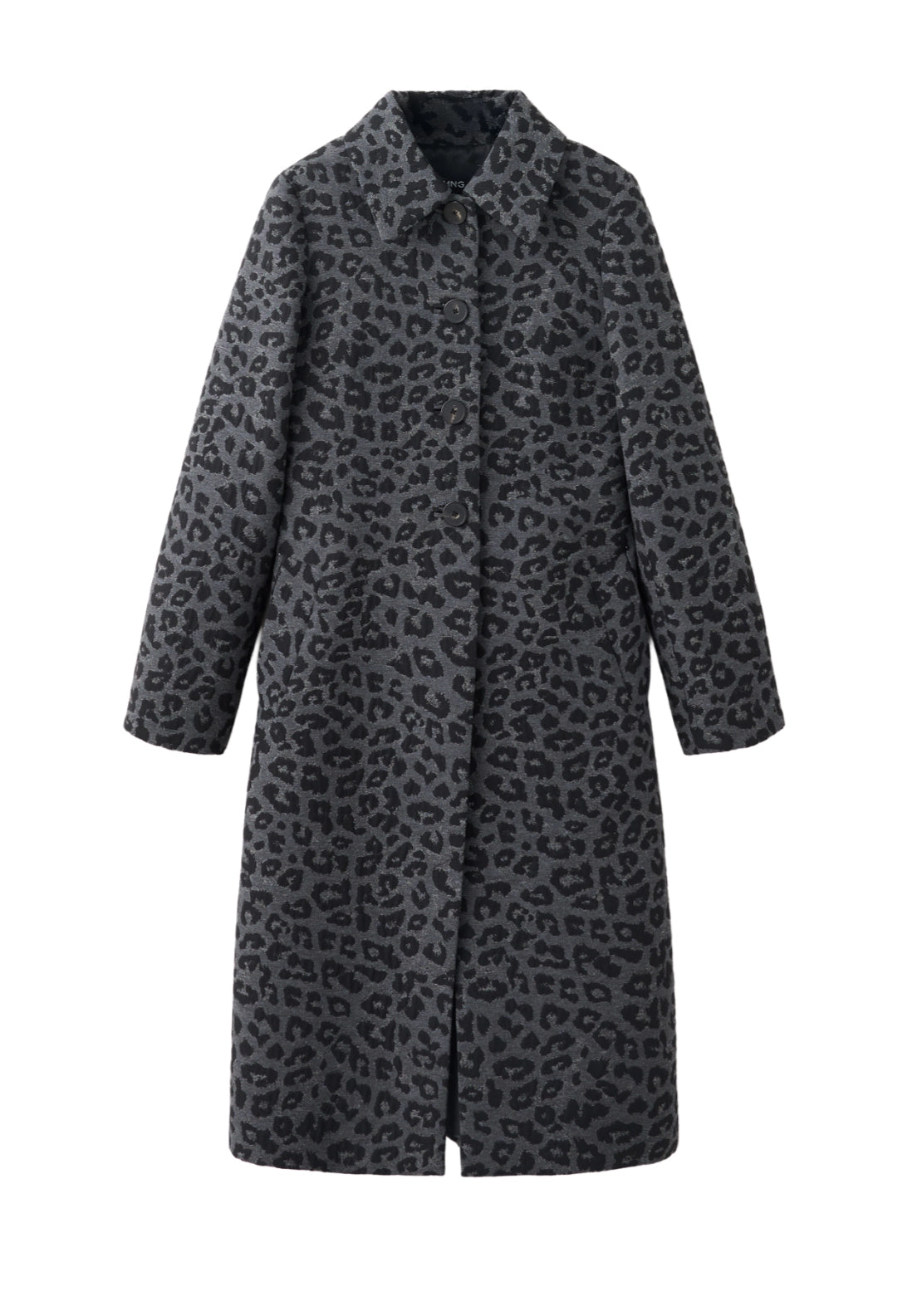 Animal Print Coat With Collar - Grey