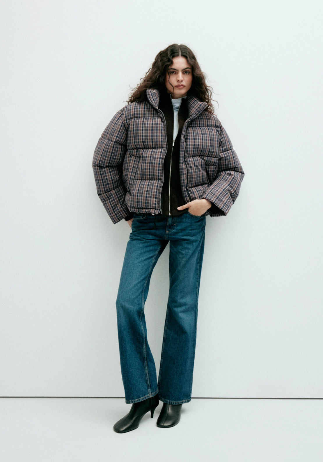 Checked Funnel Neck Anorak Jacket - Blue