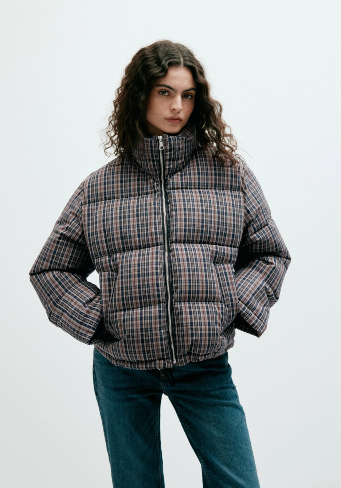 Checked Funnel Neck Anorak Jacket - Blue