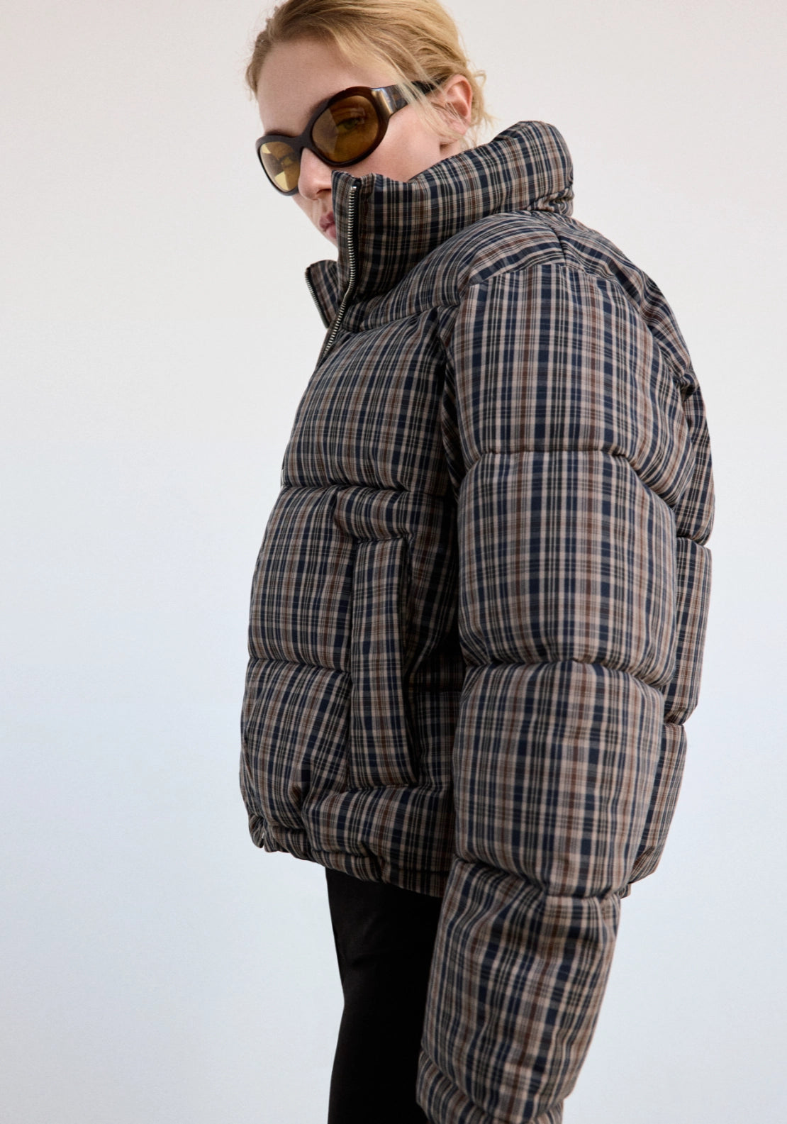 Checked Funnel Neck Anorak Jacket - Blue
