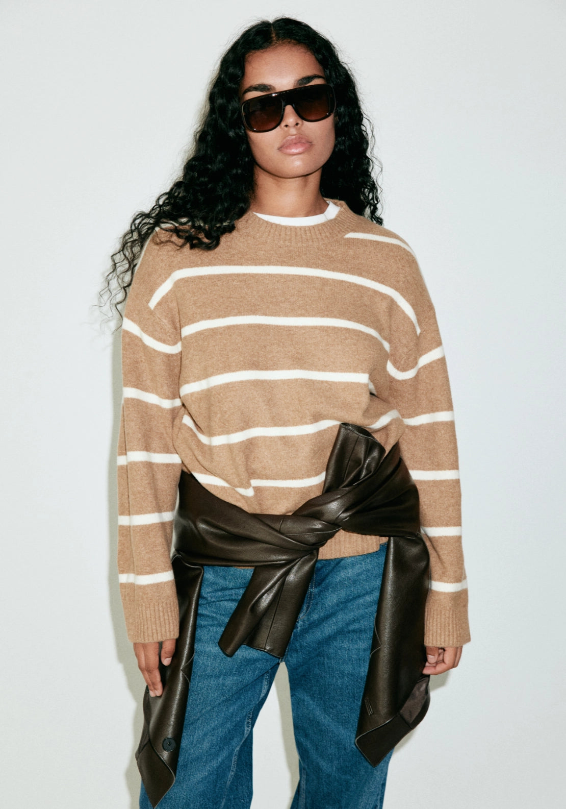 Striped Crew Neck Sweater - Brown