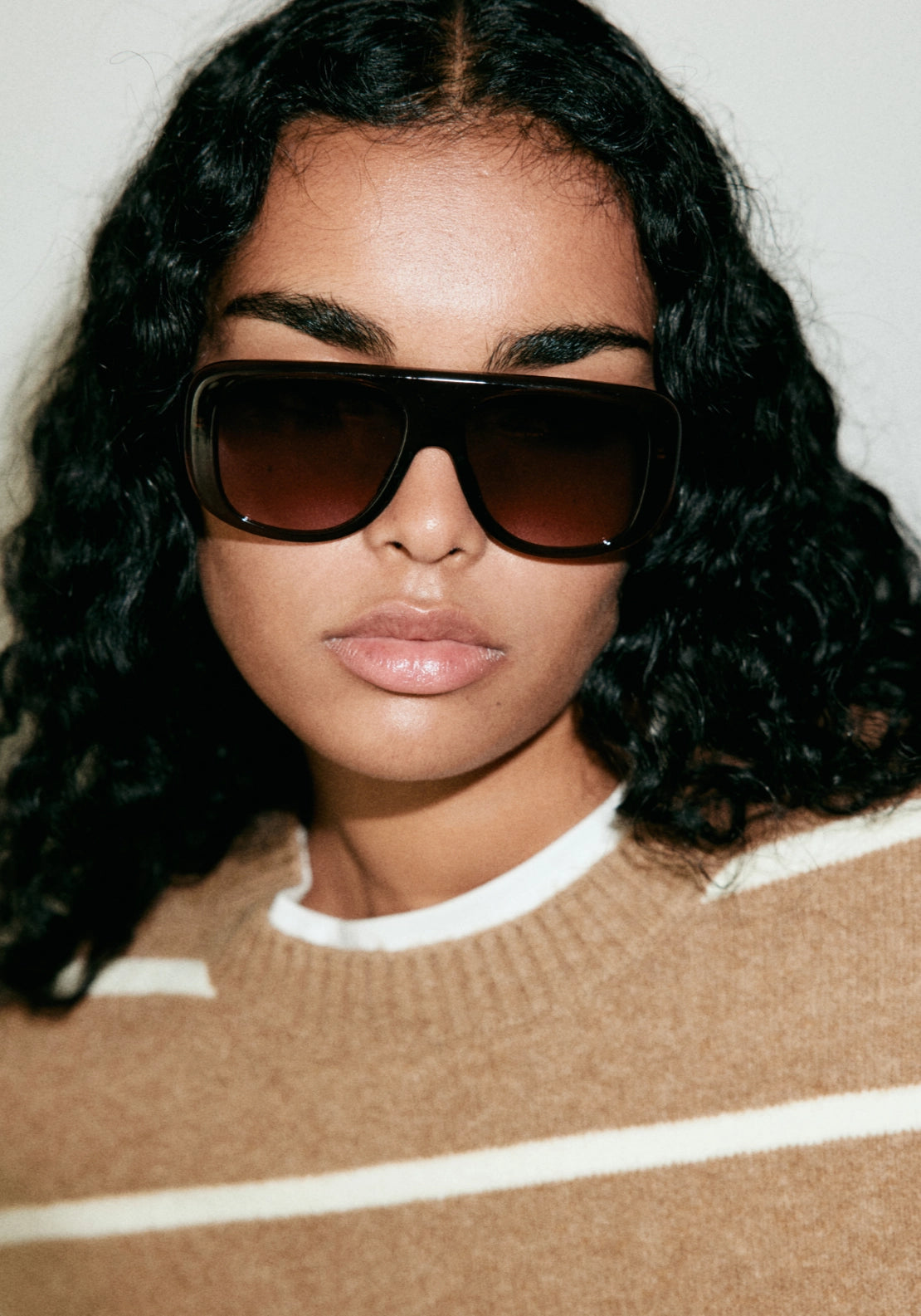 Striped Crew Neck Sweater - Brown