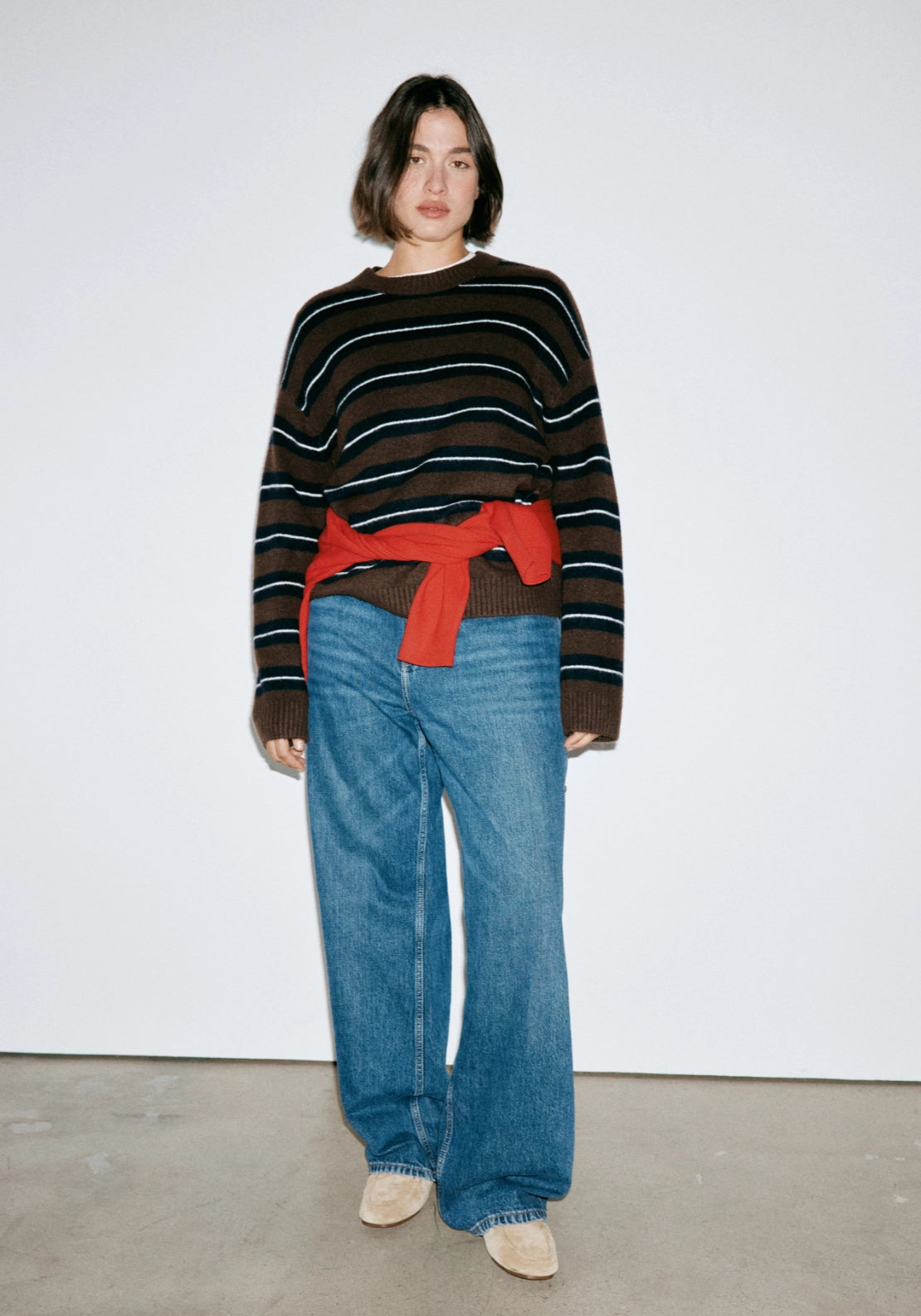 Striped Crew Neck Sweater - Brown