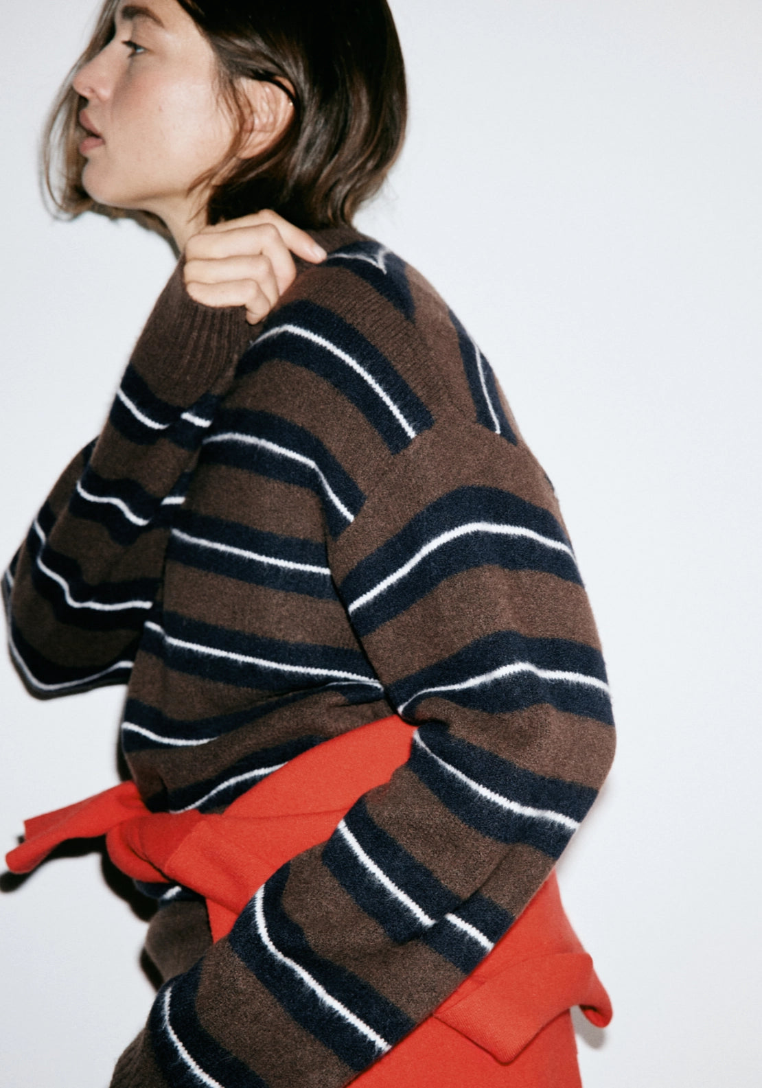 Striped Crew Neck Sweater - Brown