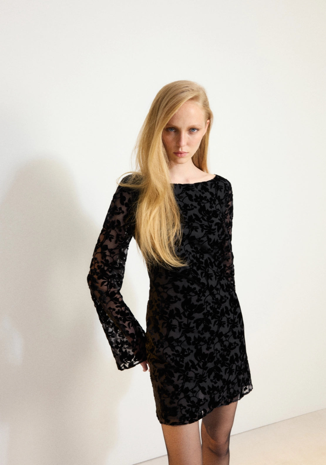 Devoré Mini Dress With Flared Sleeves - Black