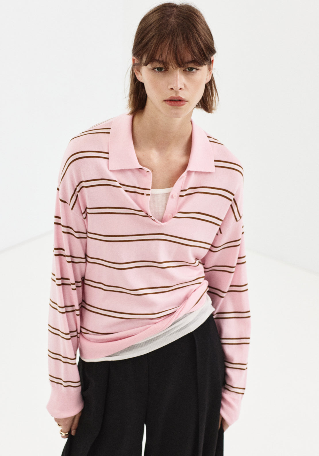 Polo Neck Striped Sweater - Pink