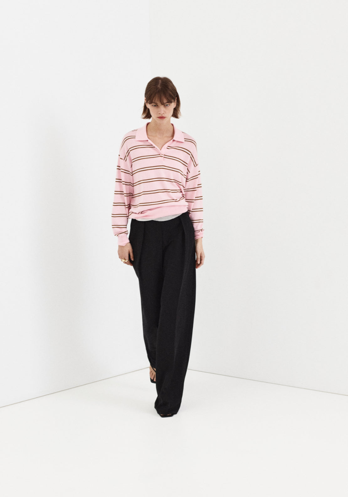Polo Neck Striped Sweater - Pink