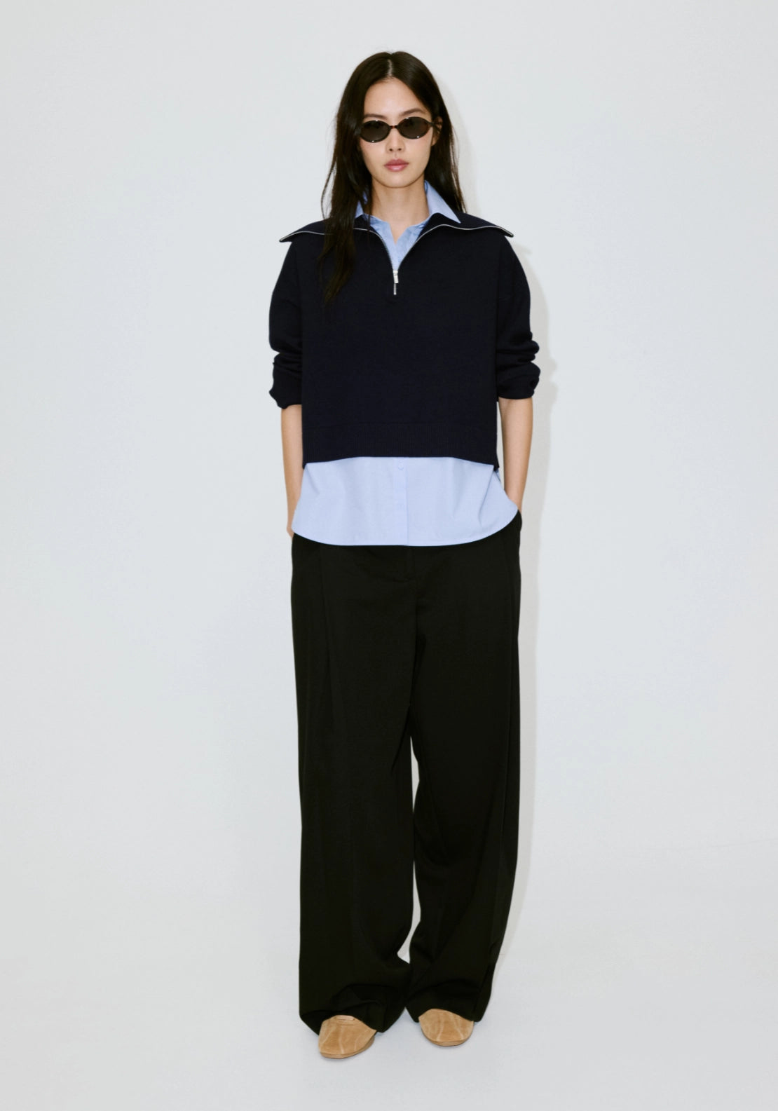Layered Shirt Knit Sweater - Blue