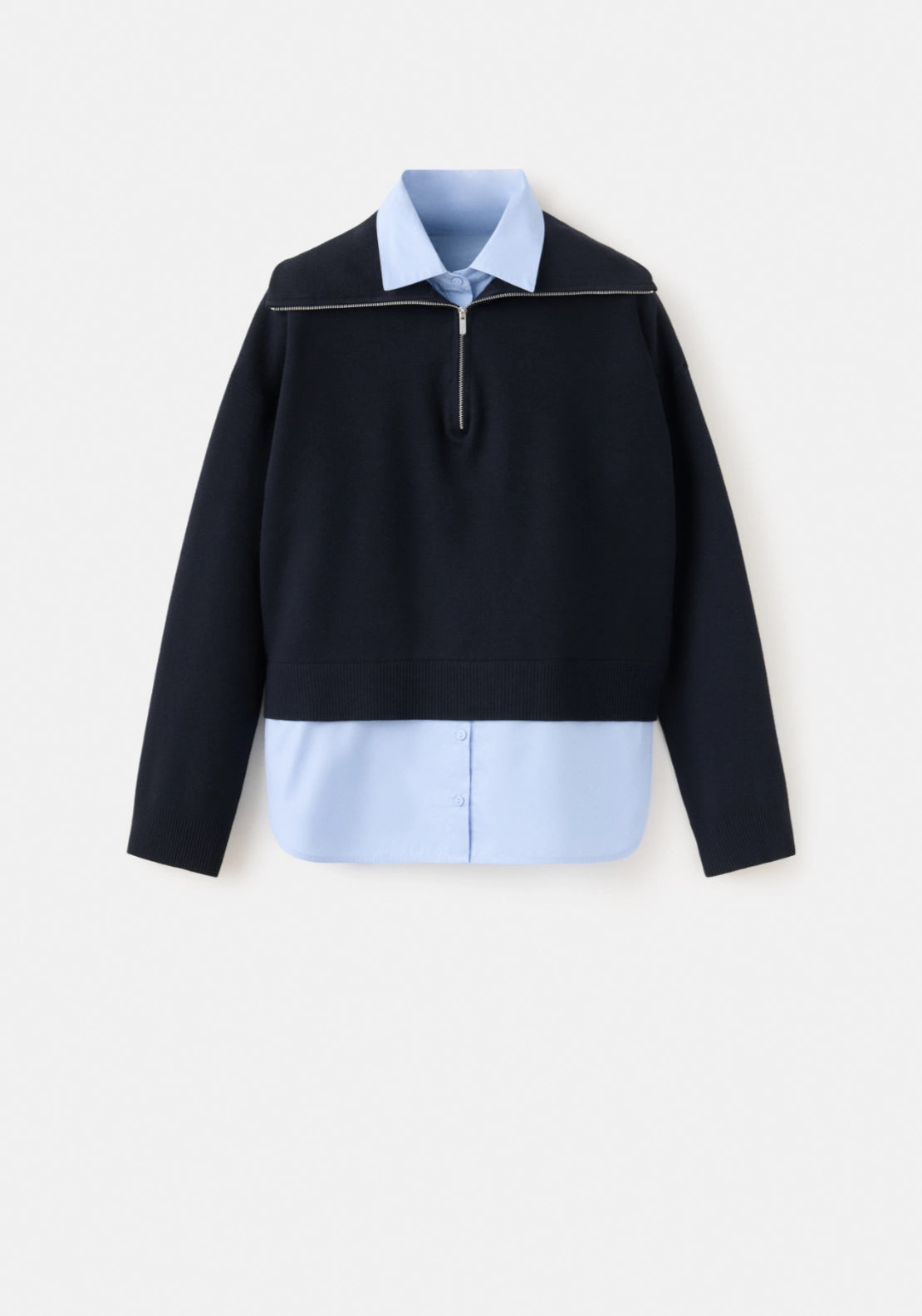 Layered Shirt Knit Sweater - Blue