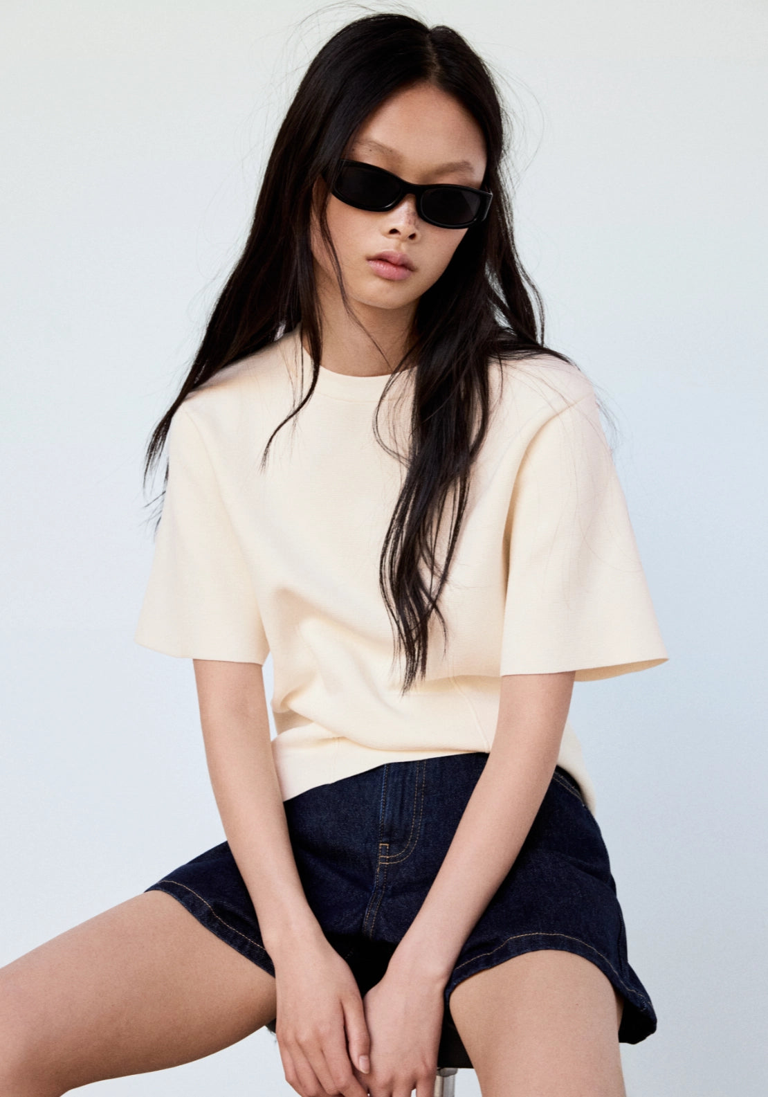 Short Sleeved Fine Knit Sweater - Cream
