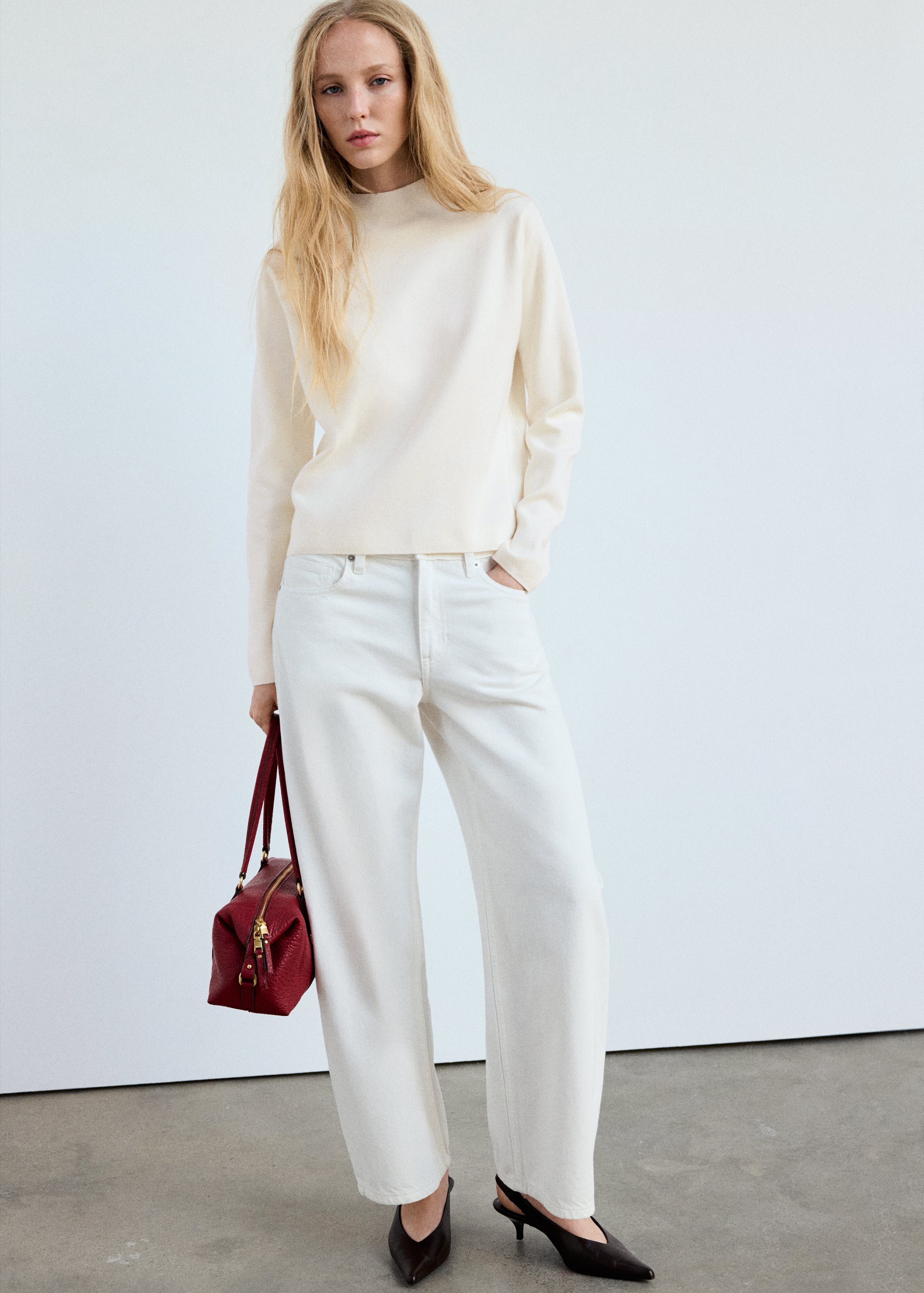 Knitted Sweater With Perkins Neck - Cream