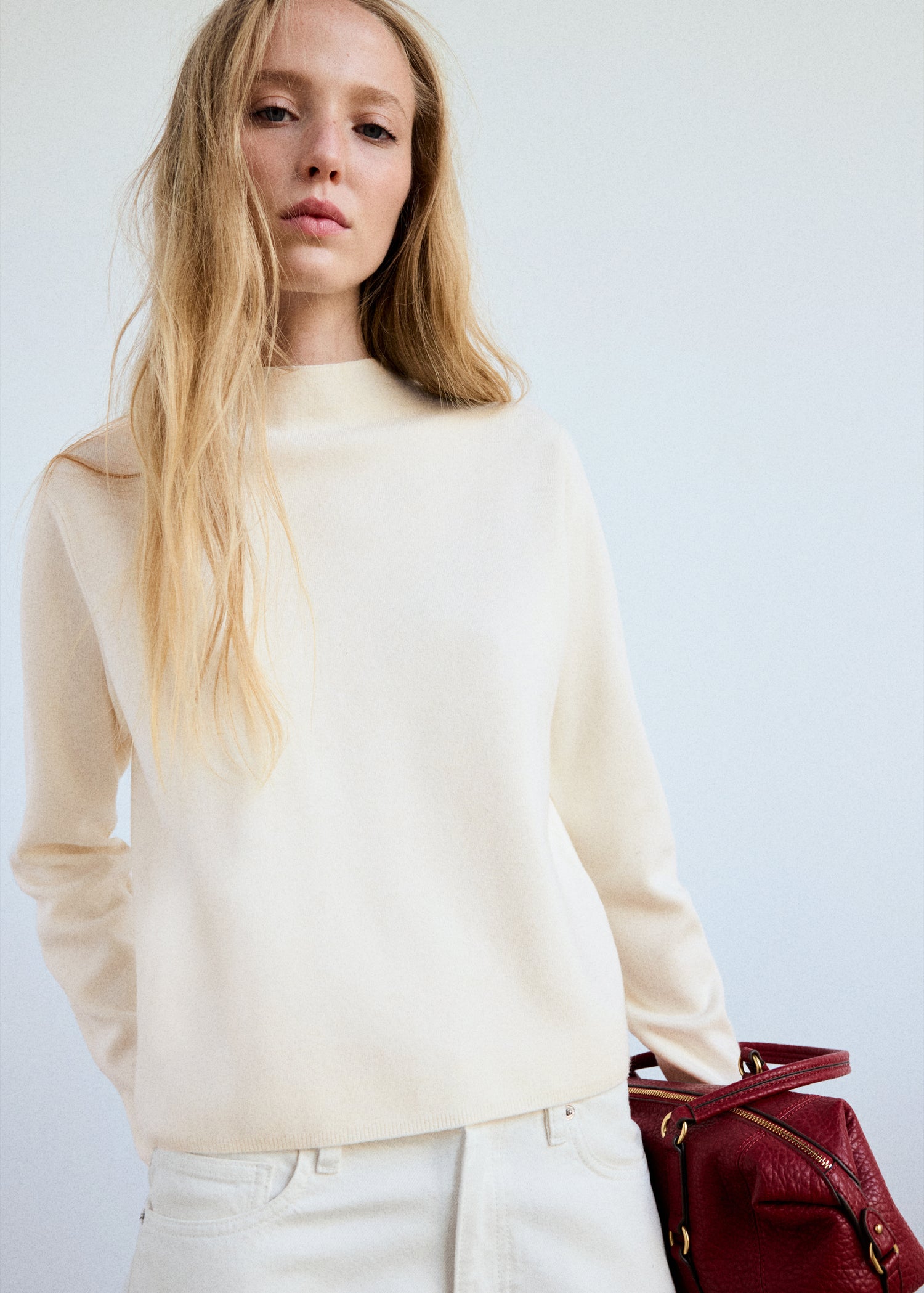 Knitted Sweater With Perkins Neck - Cream