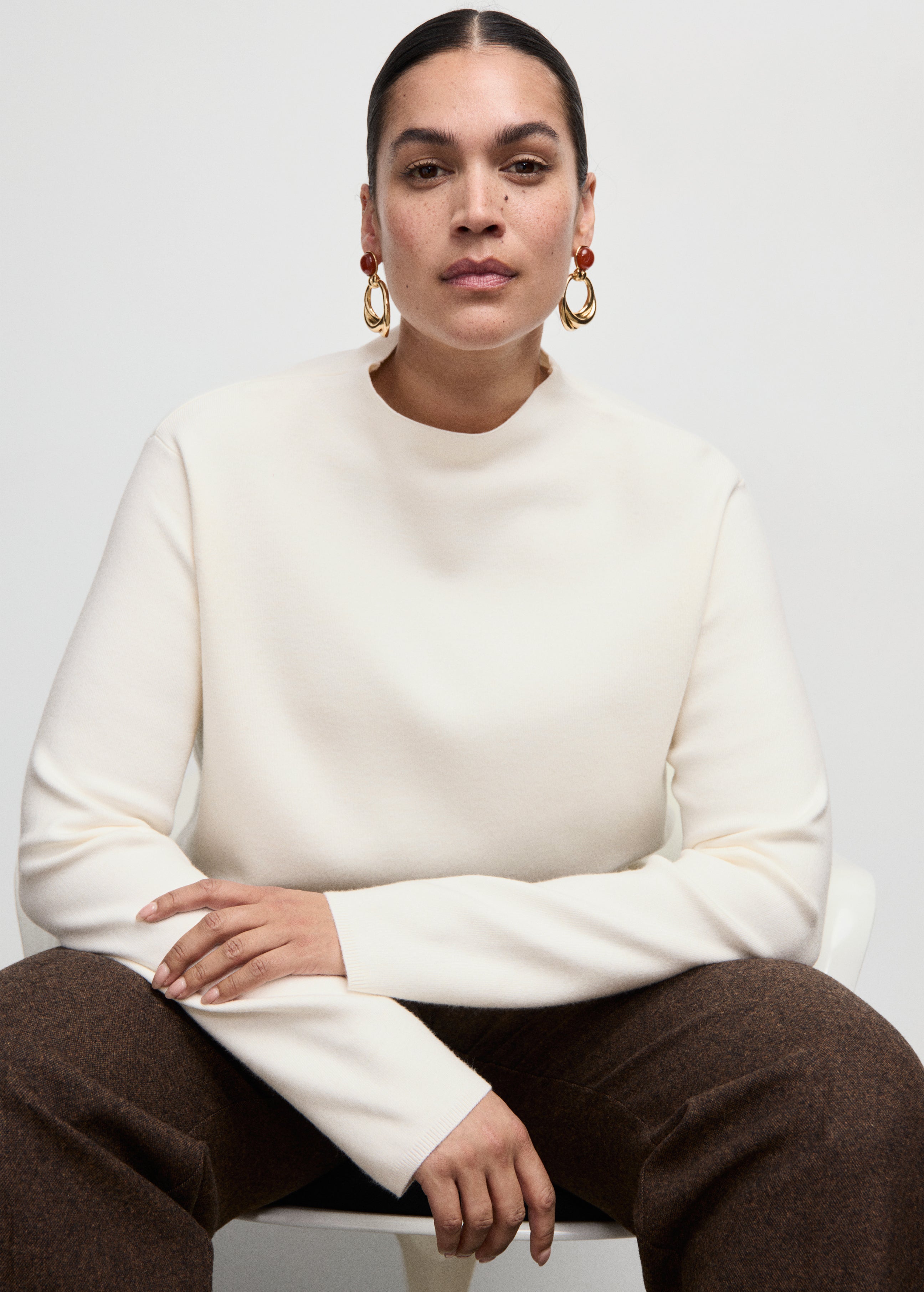 Knitted Sweater With Perkins Neck - Cream
