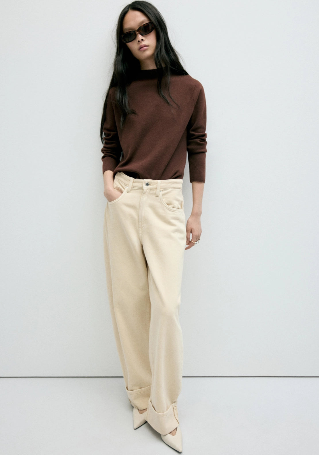 Knitted Sweater With Perkins Neck - Brown