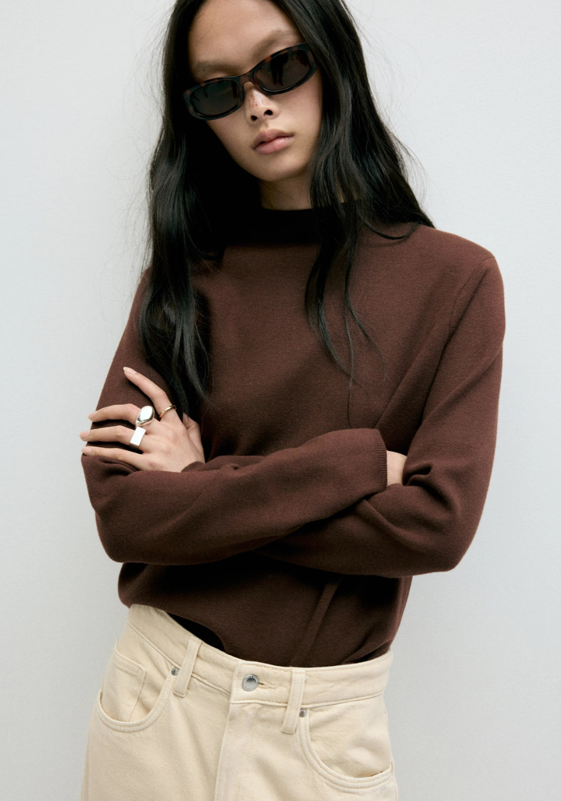 Knitted Sweater With Stand Collar - Brown