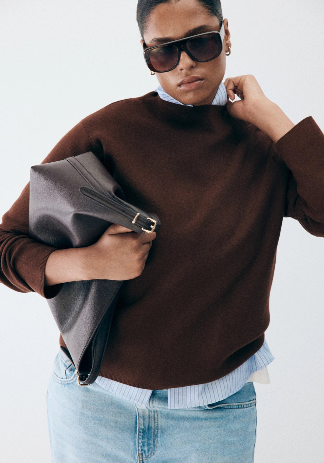 Knitted Sweater With Perkins Neck - Brown