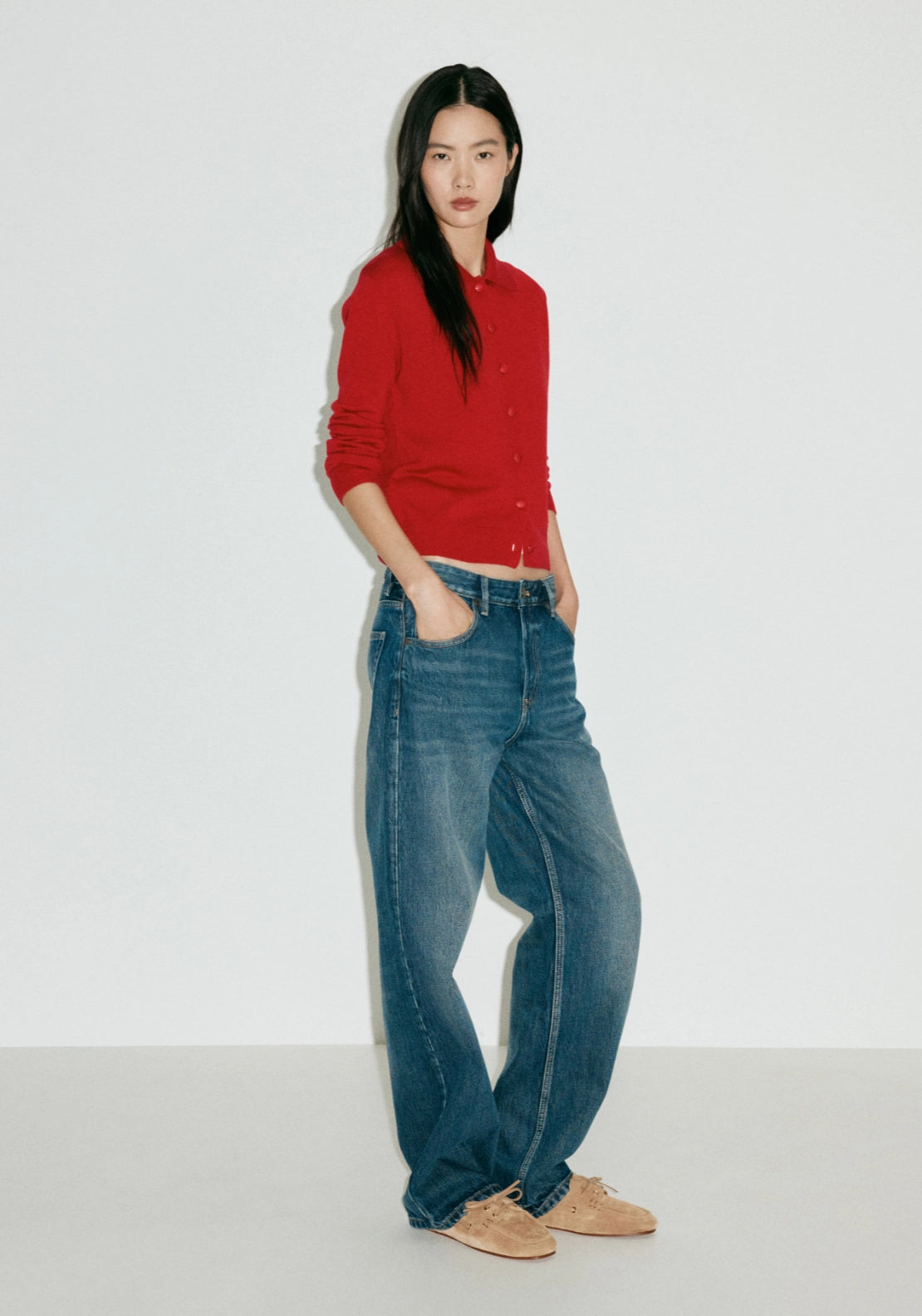 Button Front Cardigan With Lapel Collar - Red