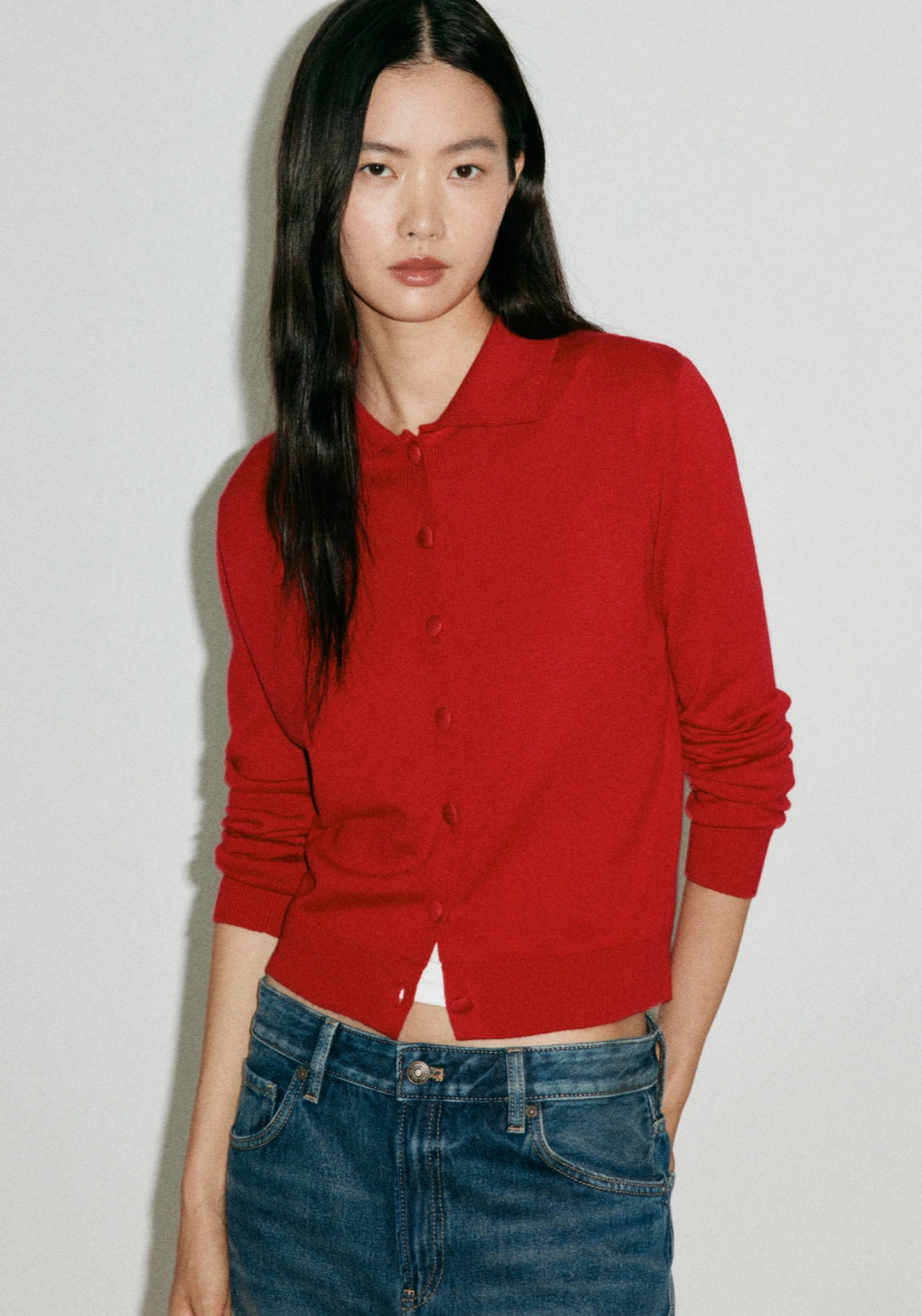 Button Front Cardigan With Lapel Collar - Red