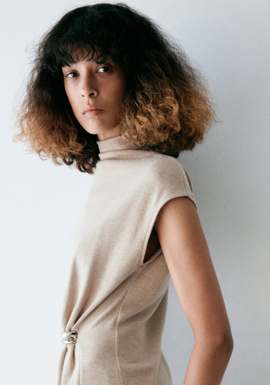 Knitted Top With Brooch Detail - Beige