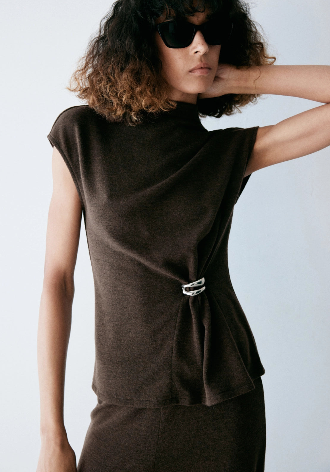 Knitted Top With Brooch Detail - Brown